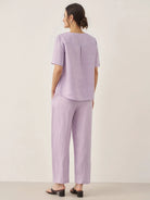 100% Linen Short-Sleeve Round Neck Button Detail Top & Pants Set - SETS-Linen Sets