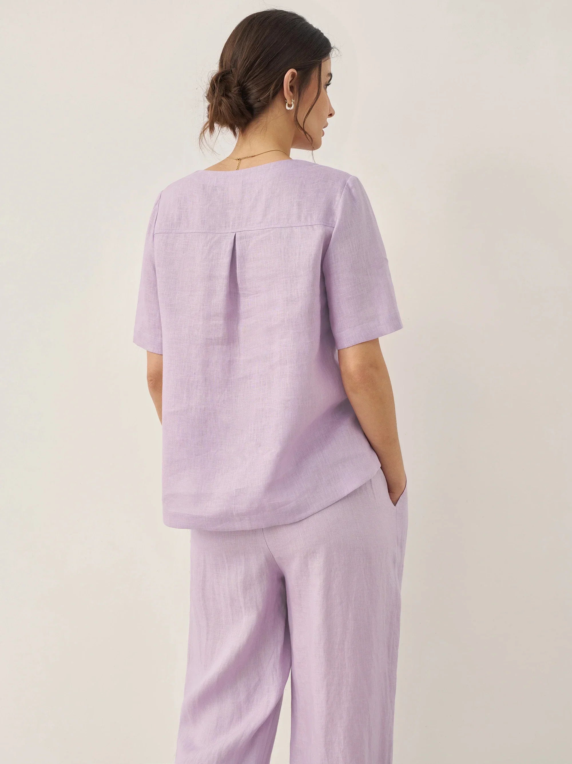 100% Linen Short-Sleeve Round Neck Button Detail Top & Pants Set - SETS-Linen Sets