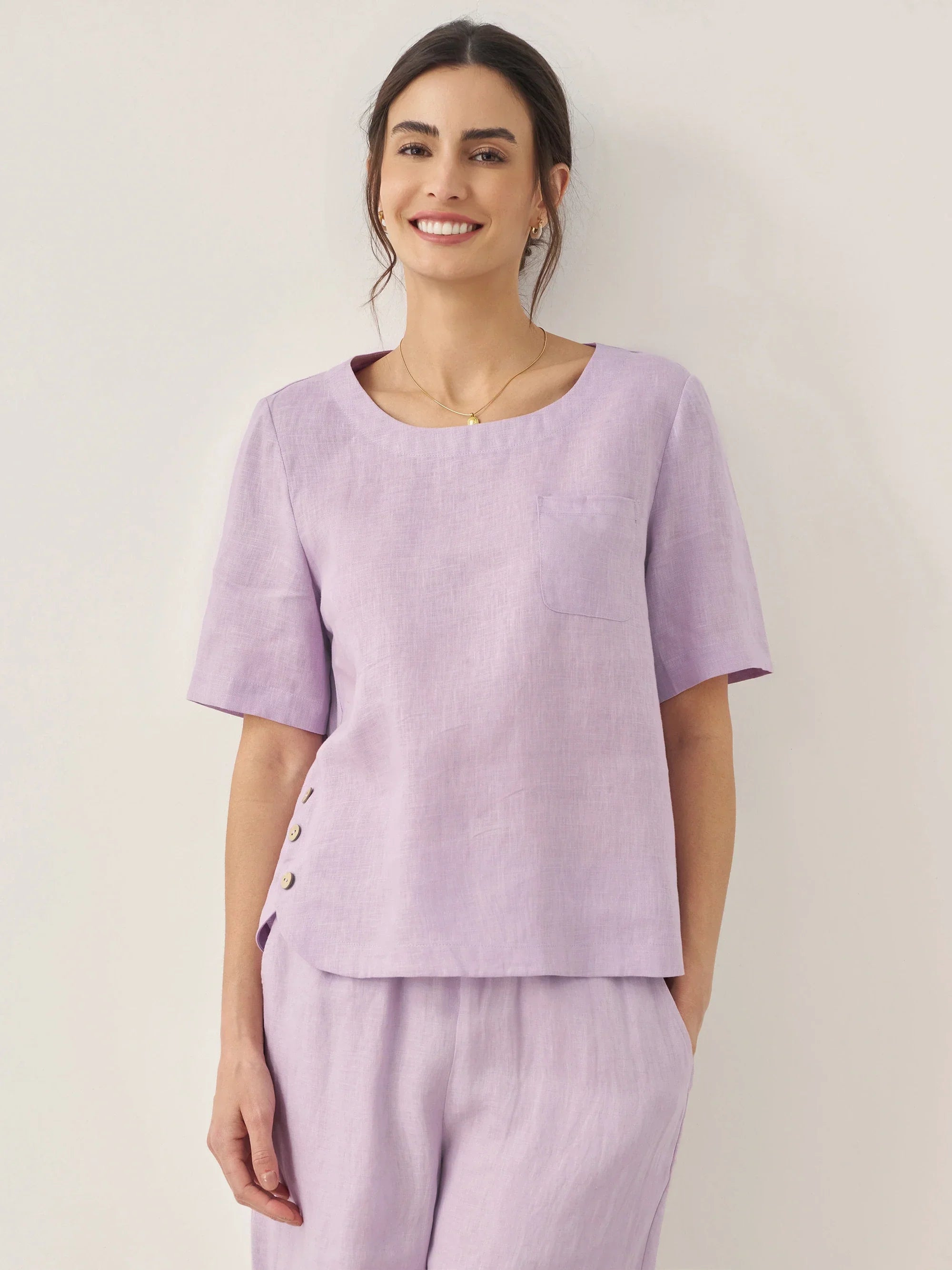 100% Linen Short-Sleeve Round Neck Button Detail Top & Pants Set - Lavender / Tops / S - SETS-Linen Sets