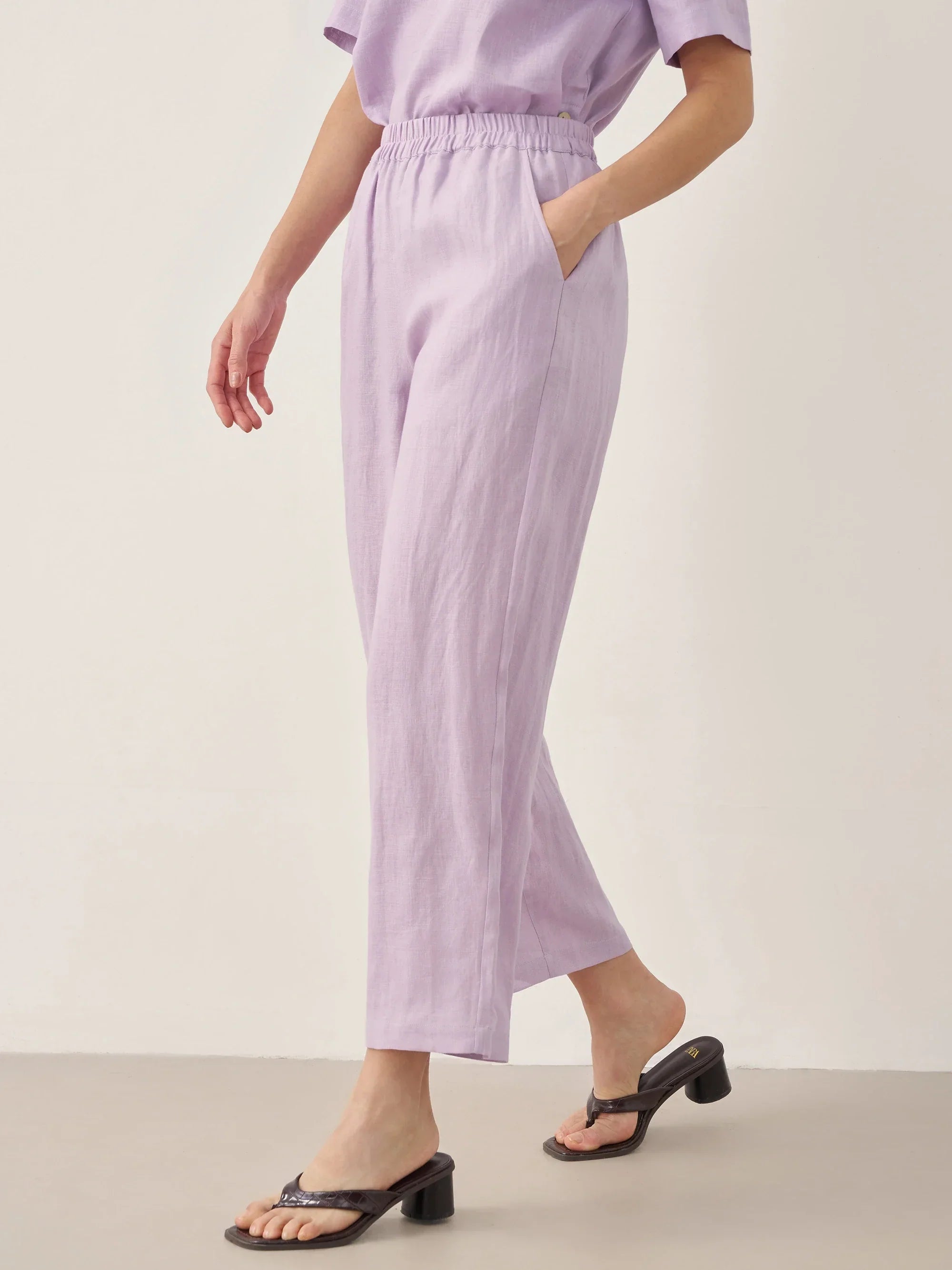 100% Linen Short-Sleeve Round Neck Button Detail Top & Pants Set - SETS-Linen Sets