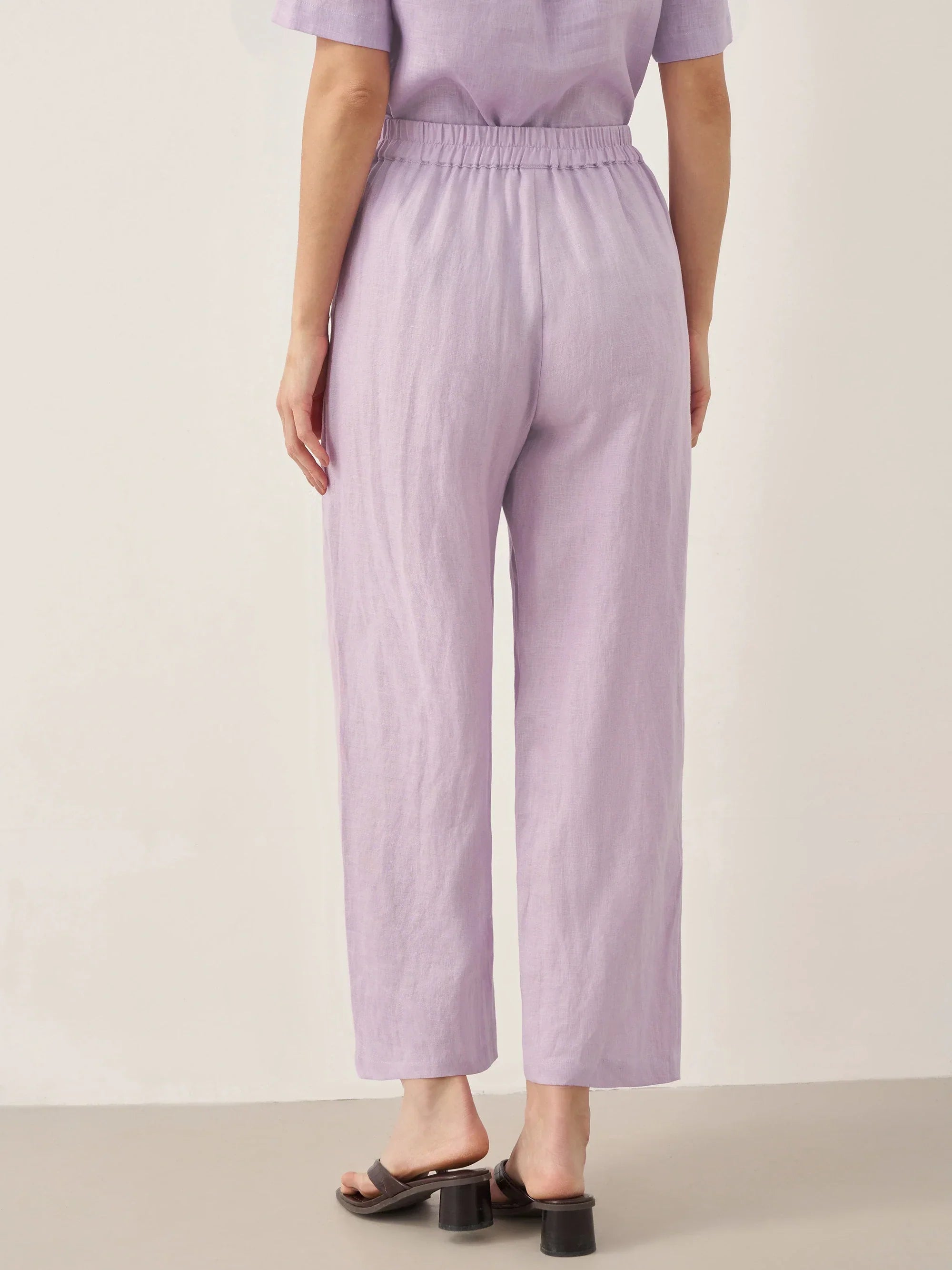 100% Linen Short-Sleeve Round Neck Button Detail Top & Pants Set - SETS-Linen Sets