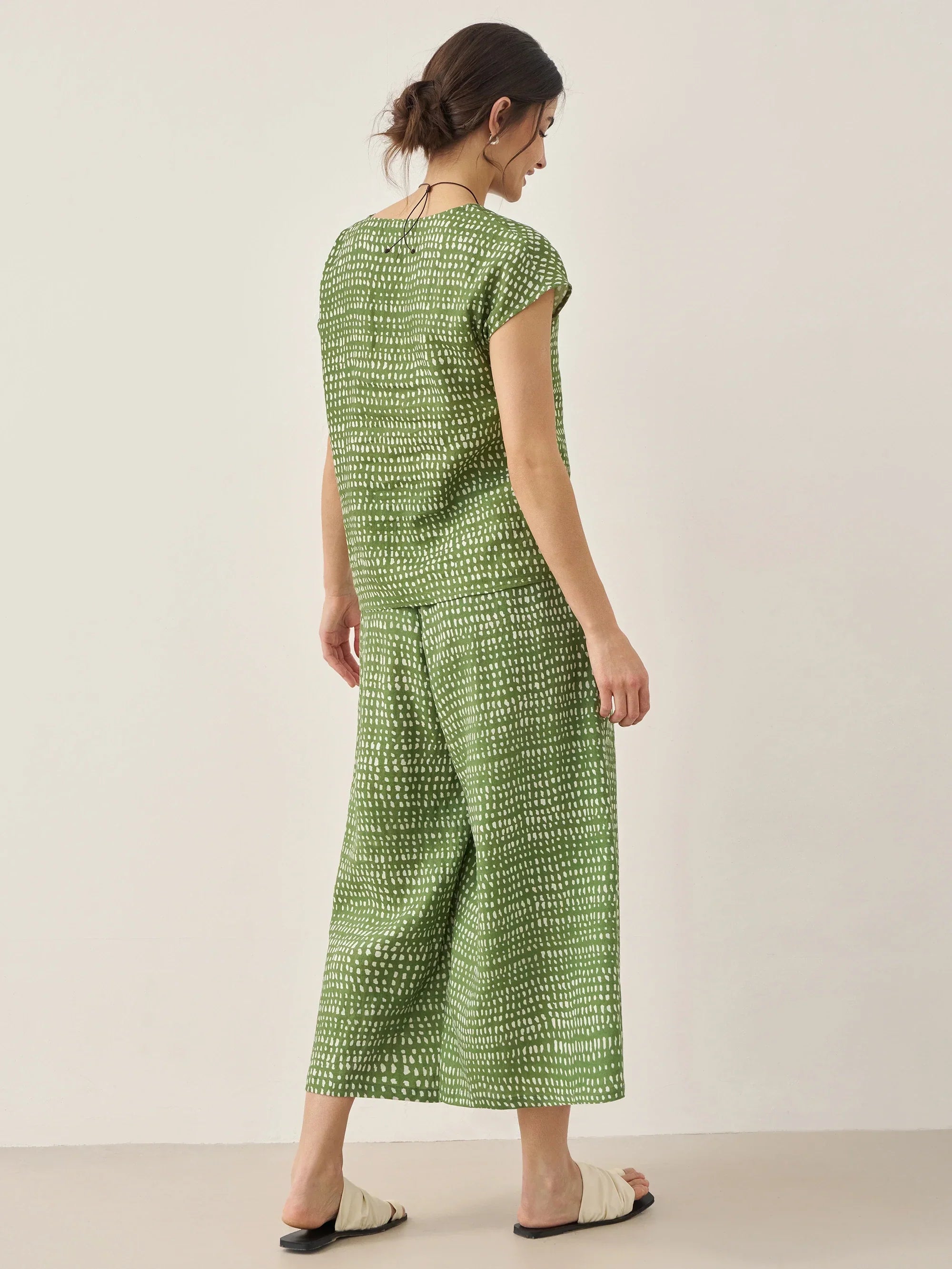 100% Linen Polka Dot Skirt-Pants with Elastic Waist LUMI - BOTTOMS-Linen Pants