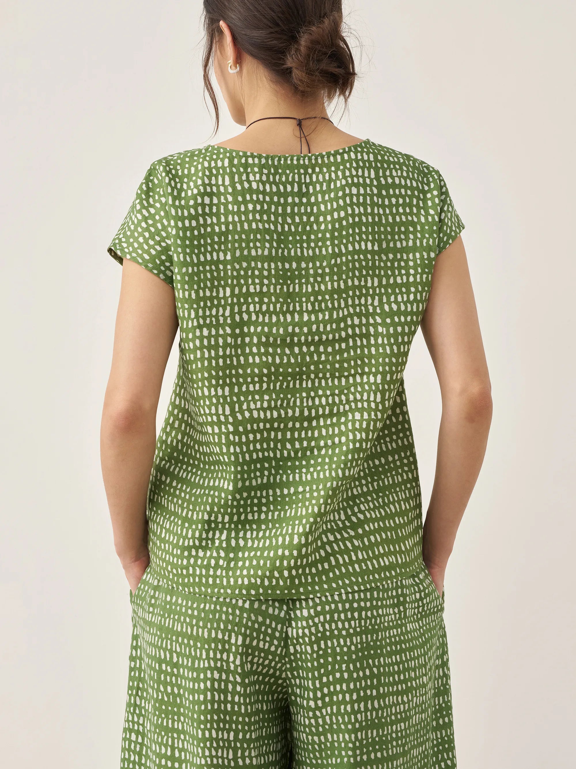 100% Linen Polka Dot Round Neck Top LISSA - TOPS-Linen Blouses