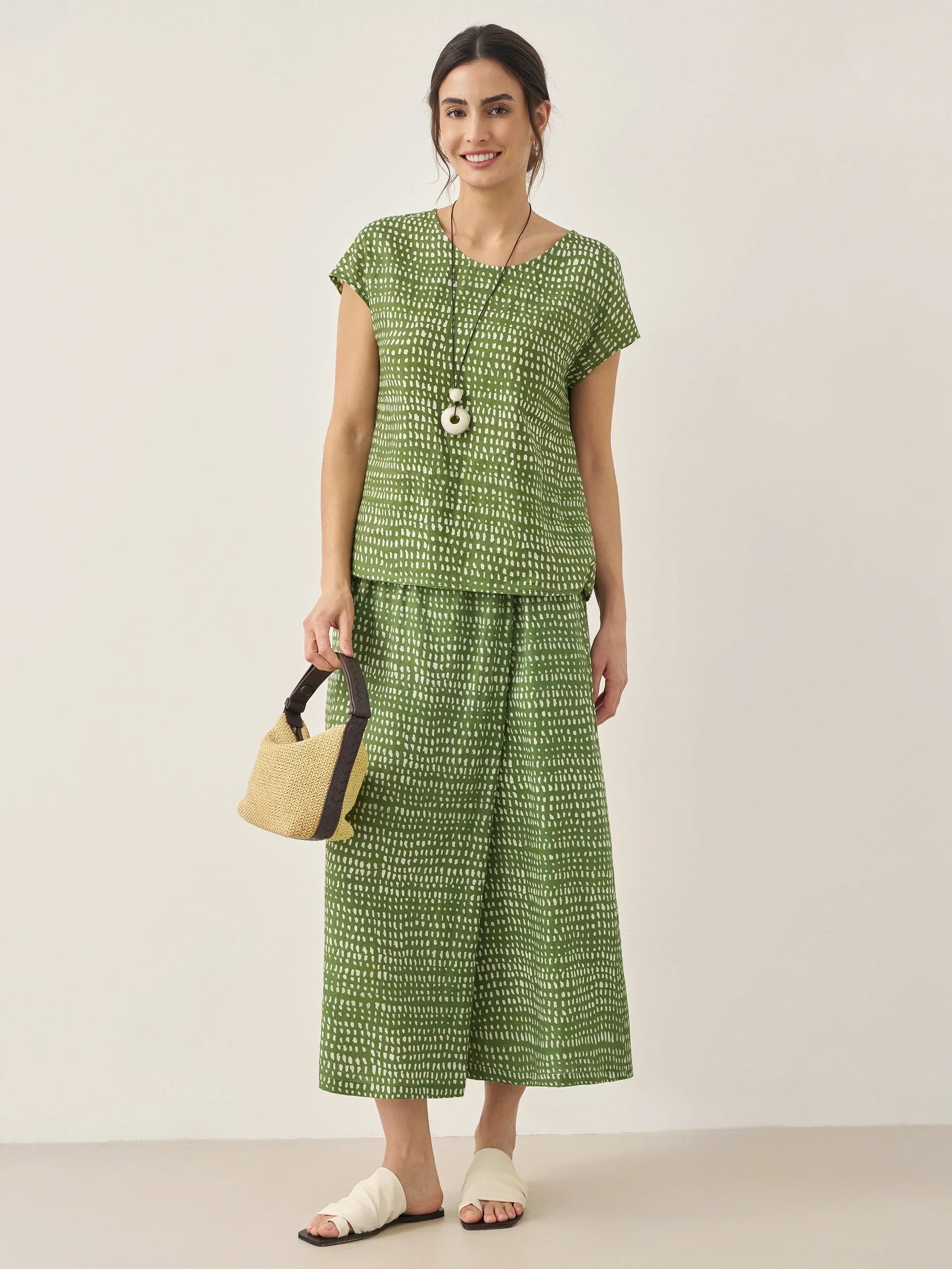 100% Linen Polka Dot Skirt-Pants with Elastic Waist LUMI - BOTTOMS-Linen Pants