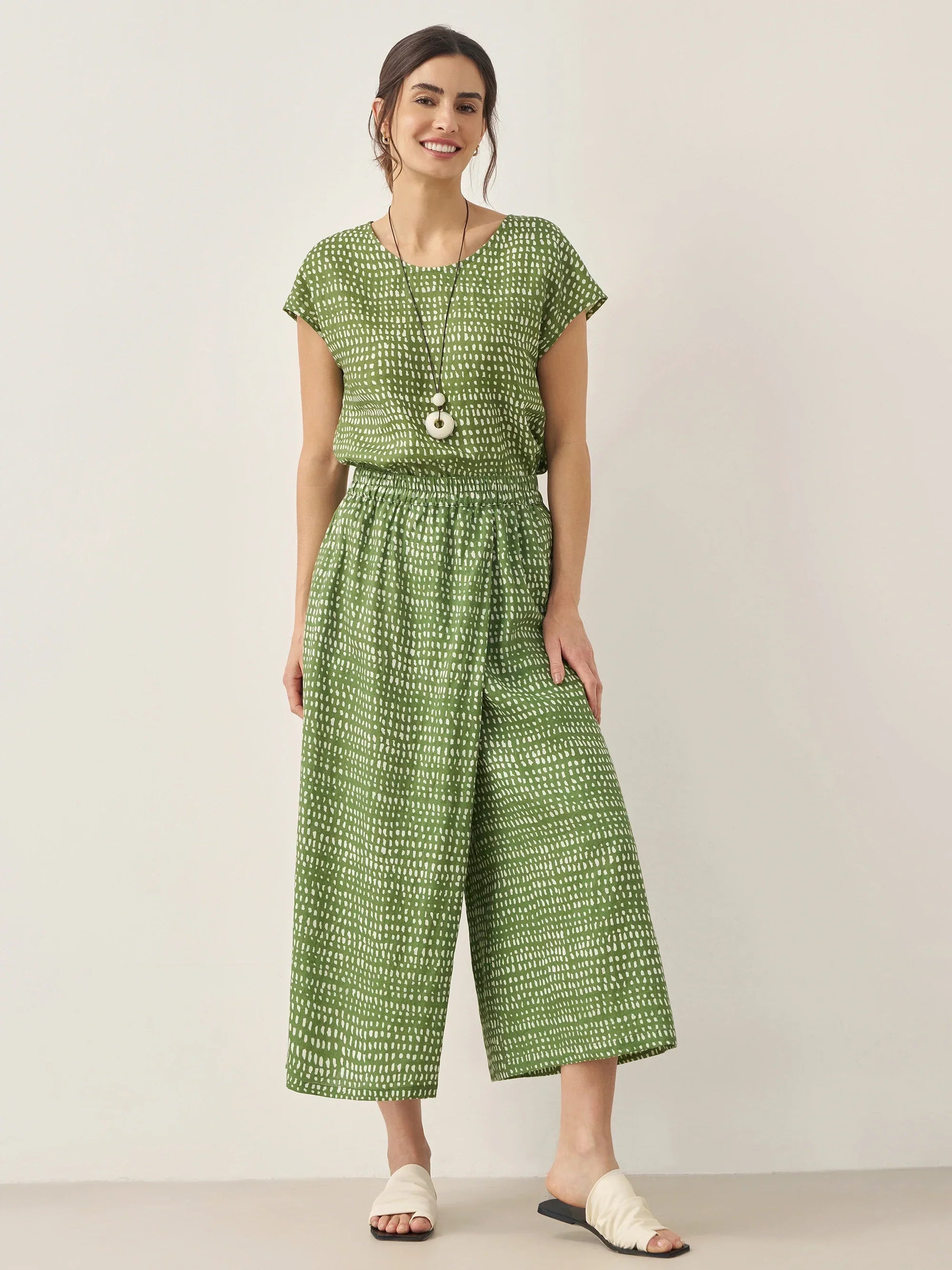 100% Linen Polka Dot Skirt-Pants with Elastic Waist LUMI - BOTTOMS-Linen Pants