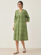 100% Linen V-Neck Polka Dot Midi Dress LIRA - DRESSES-Linen