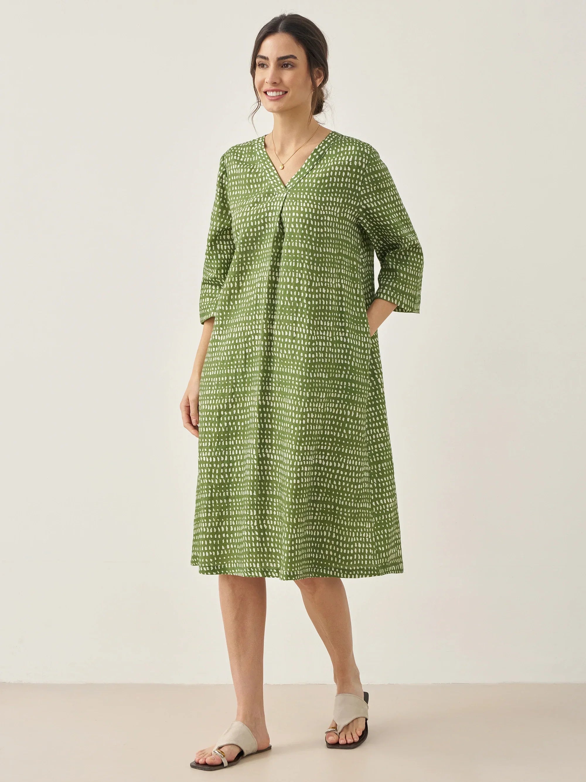 100% Linen V-Neck Polka Dot Midi Dress LIRA - DRESSES-Linen