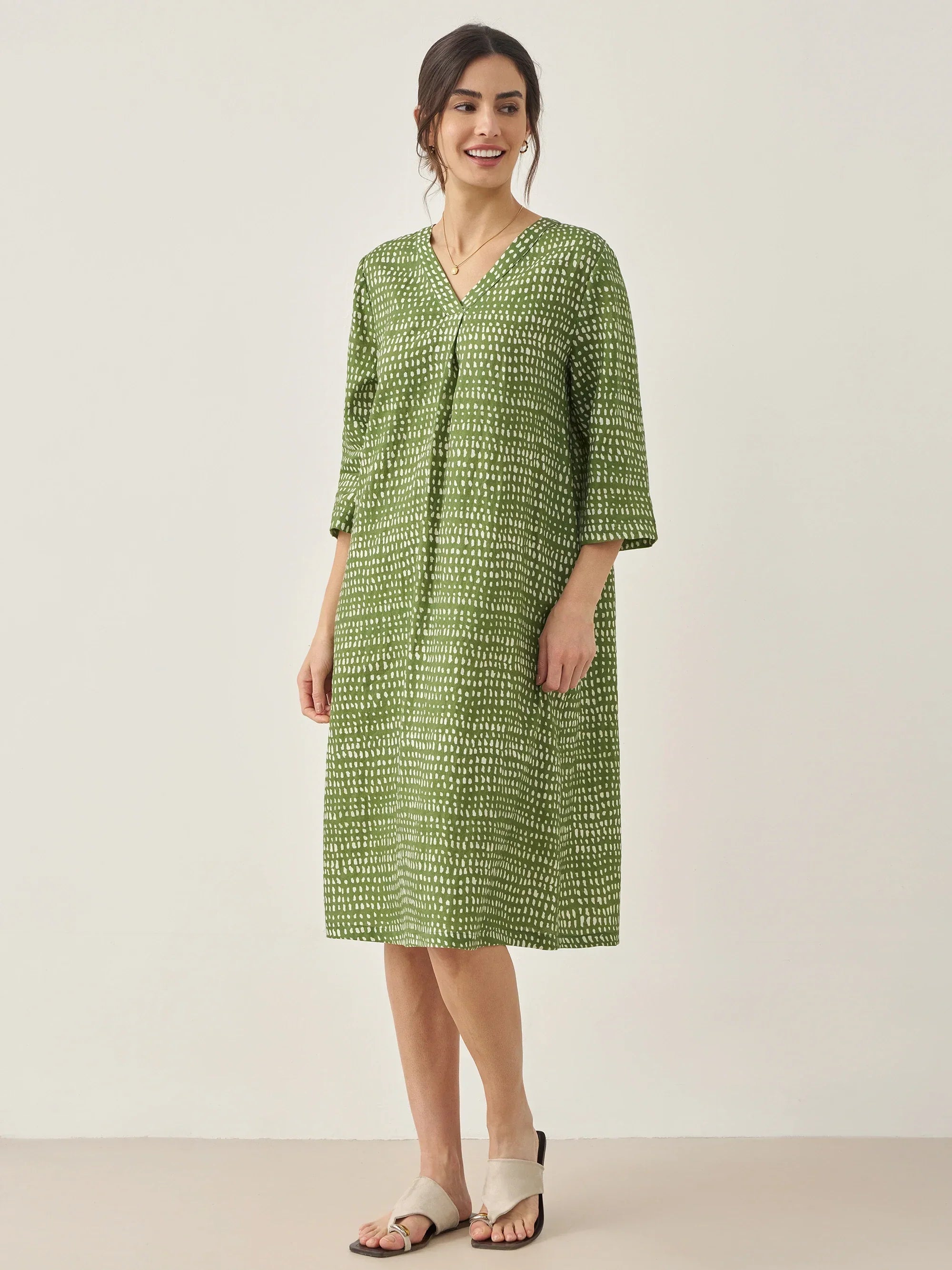 100% Linen V-Neck Polka Dot Midi Dress LIRA - Meadow / S - DRESSES-Linen