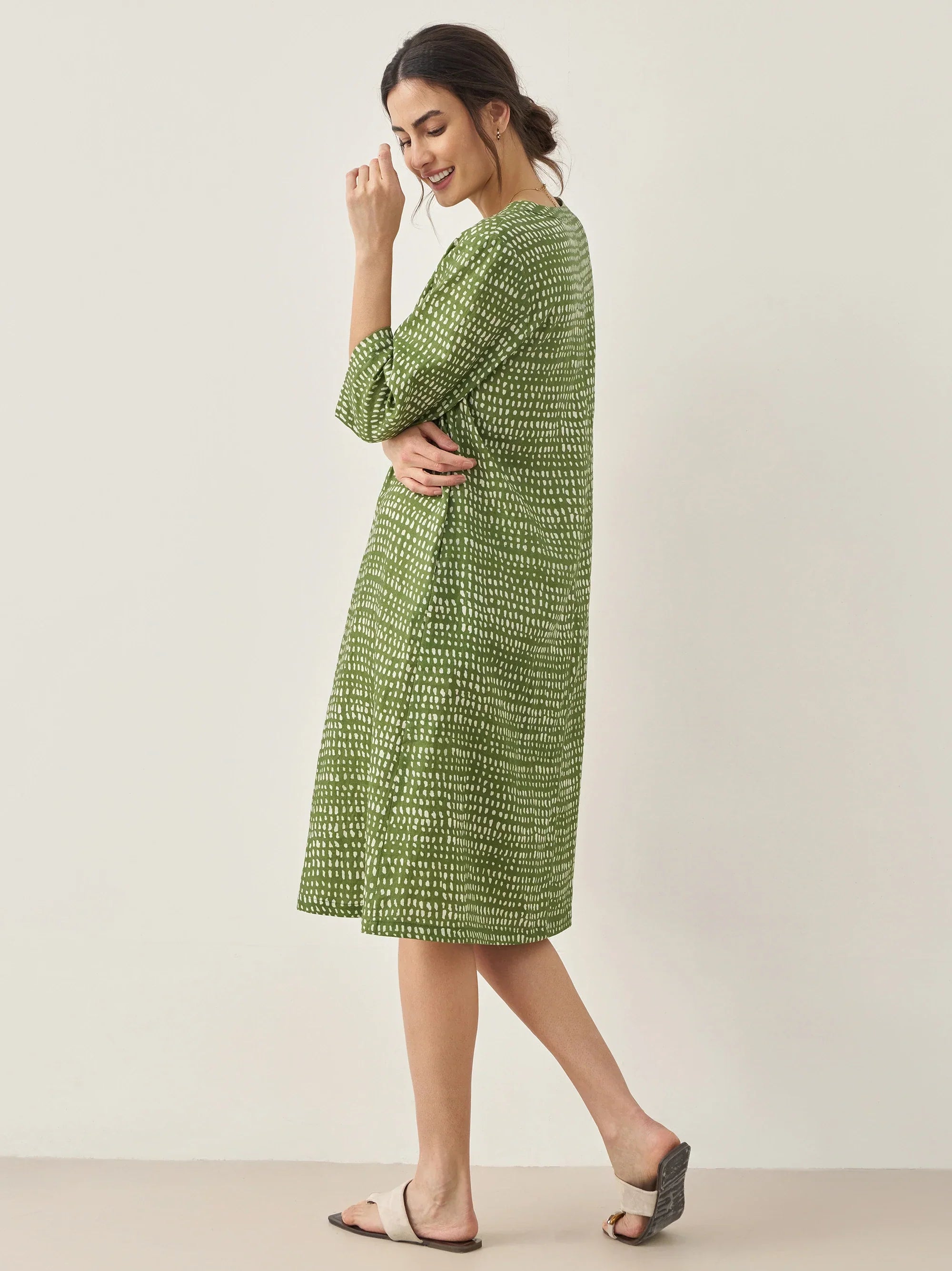 100% Linen V-Neck Polka Dot Midi Dress LIRA - DRESSES-Linen