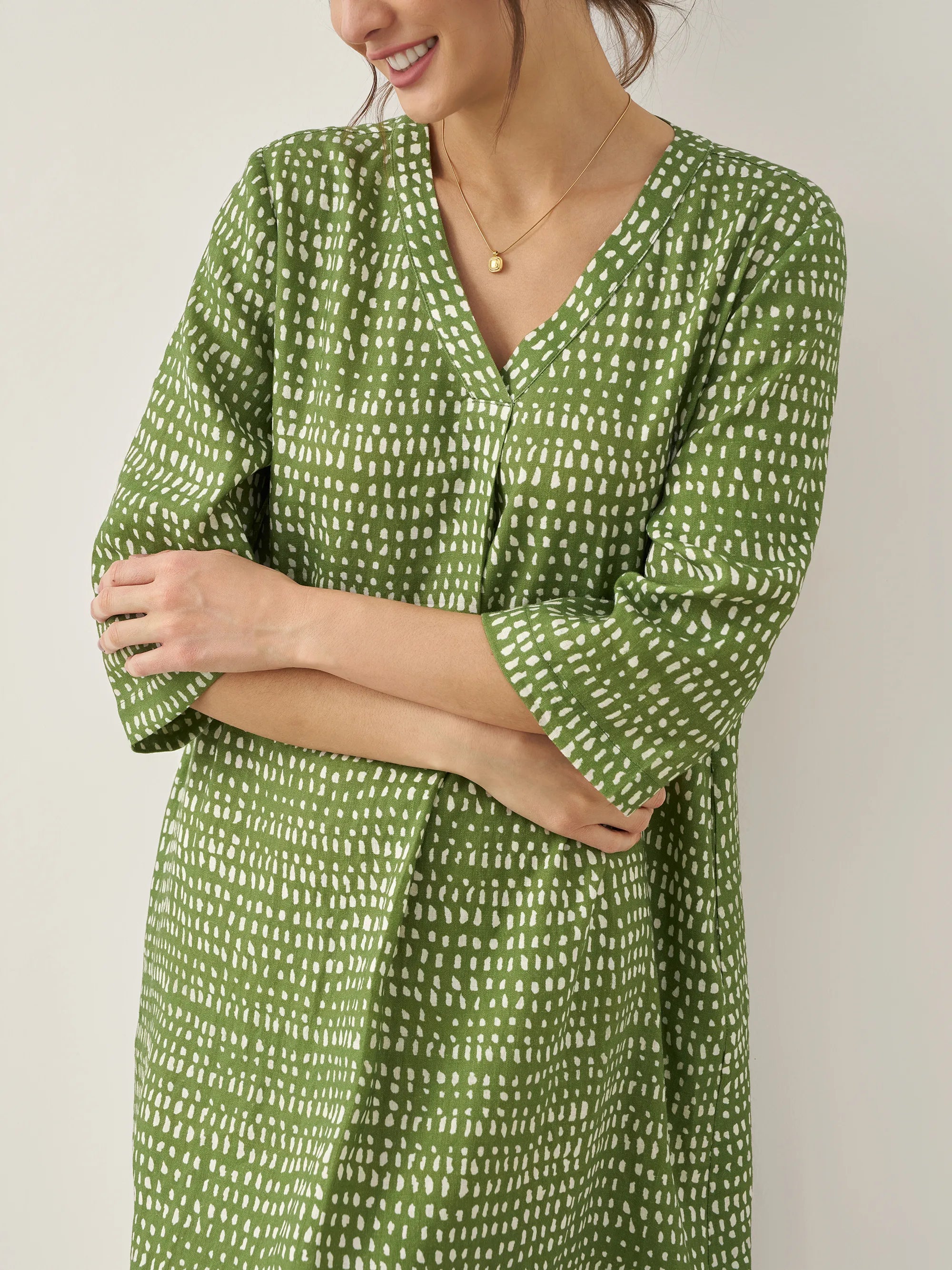 100% Linen V-Neck Polka Dot Midi Dress LIRA - DRESSES-Linen