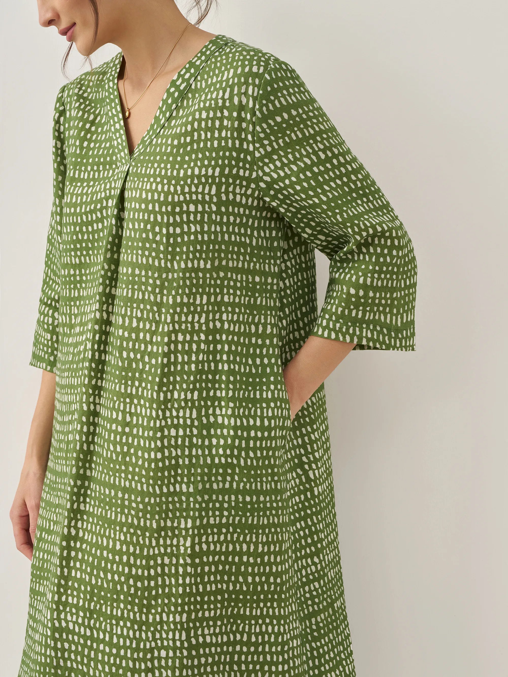 100% Linen V-Neck Polka Dot Midi Dress LIRA - DRESSES-Linen