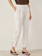 100% Linen Straight-Leg Pants with Elastic Waist - BOTTOMS-Linen