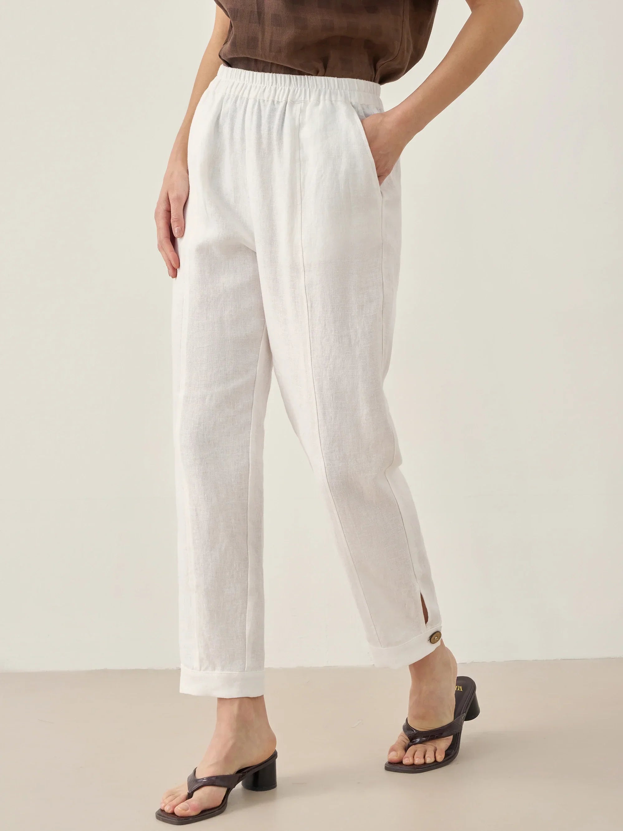100% Linen Straight-Leg Pants with Elastic Waist - Optic White / S - BOTTOMS-Linen