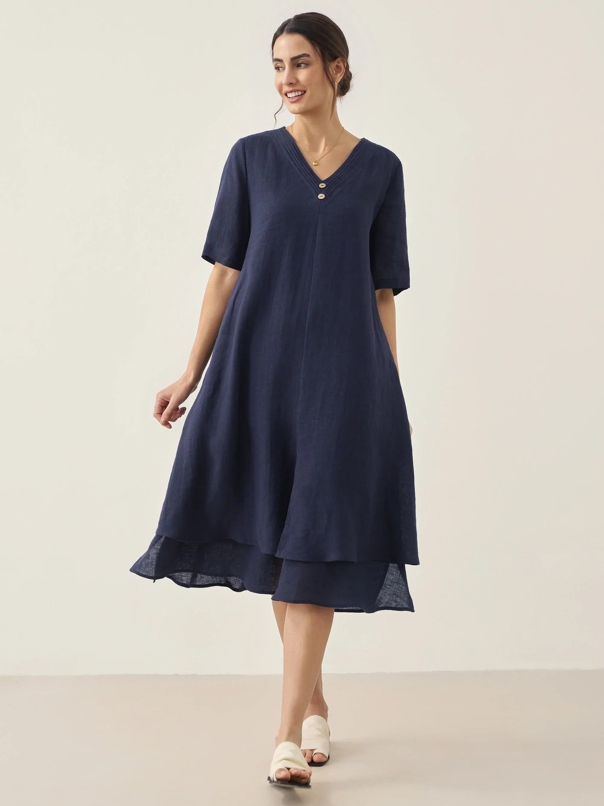 100% Linen V-Neck Double-Layer Midi Dress JAYDA - Navy Blue / S - DRESSES-Linen