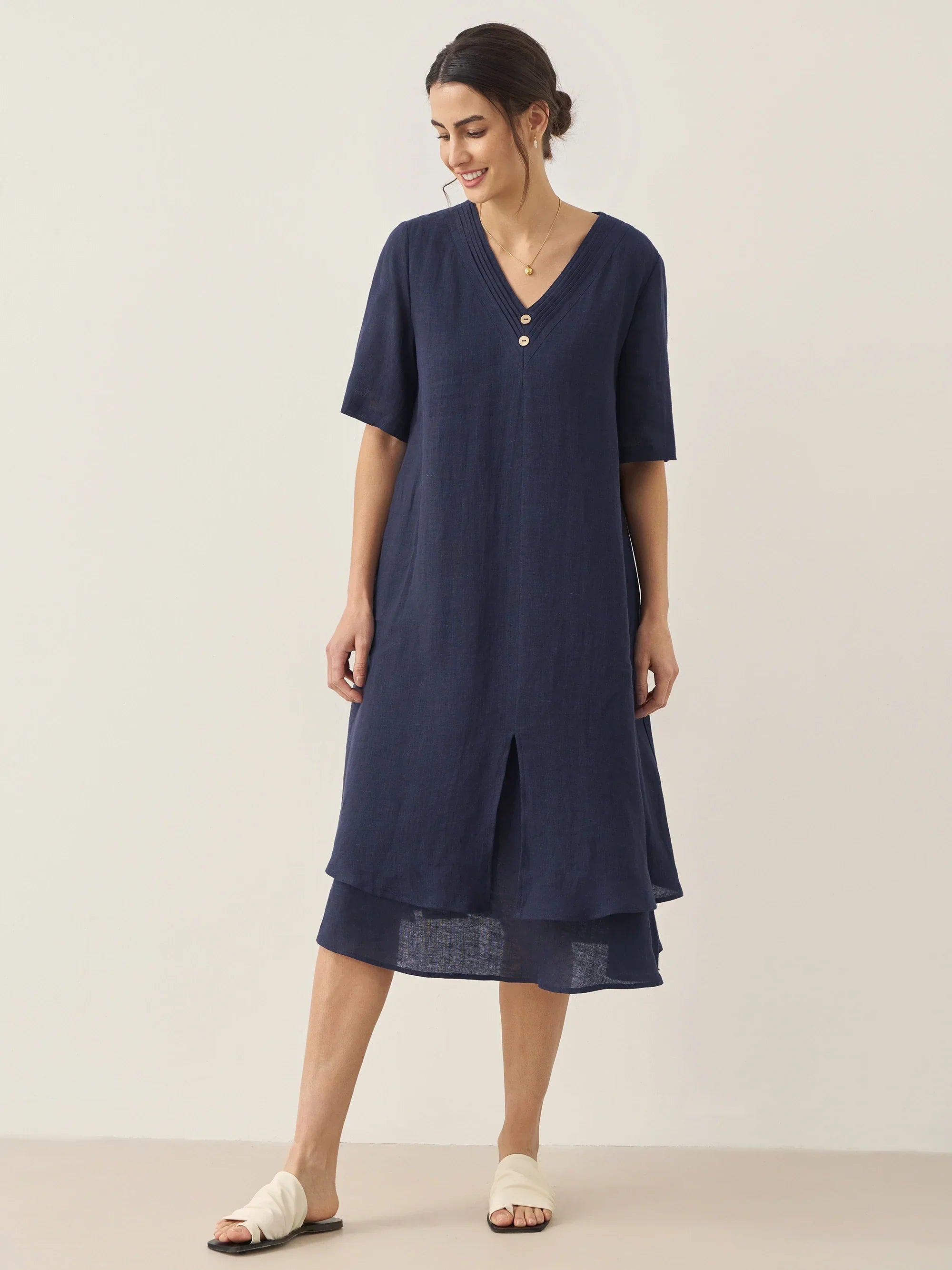 100% Linen V-Neck Double-Layer Midi Dress JAYDA - DRESSES-Linen