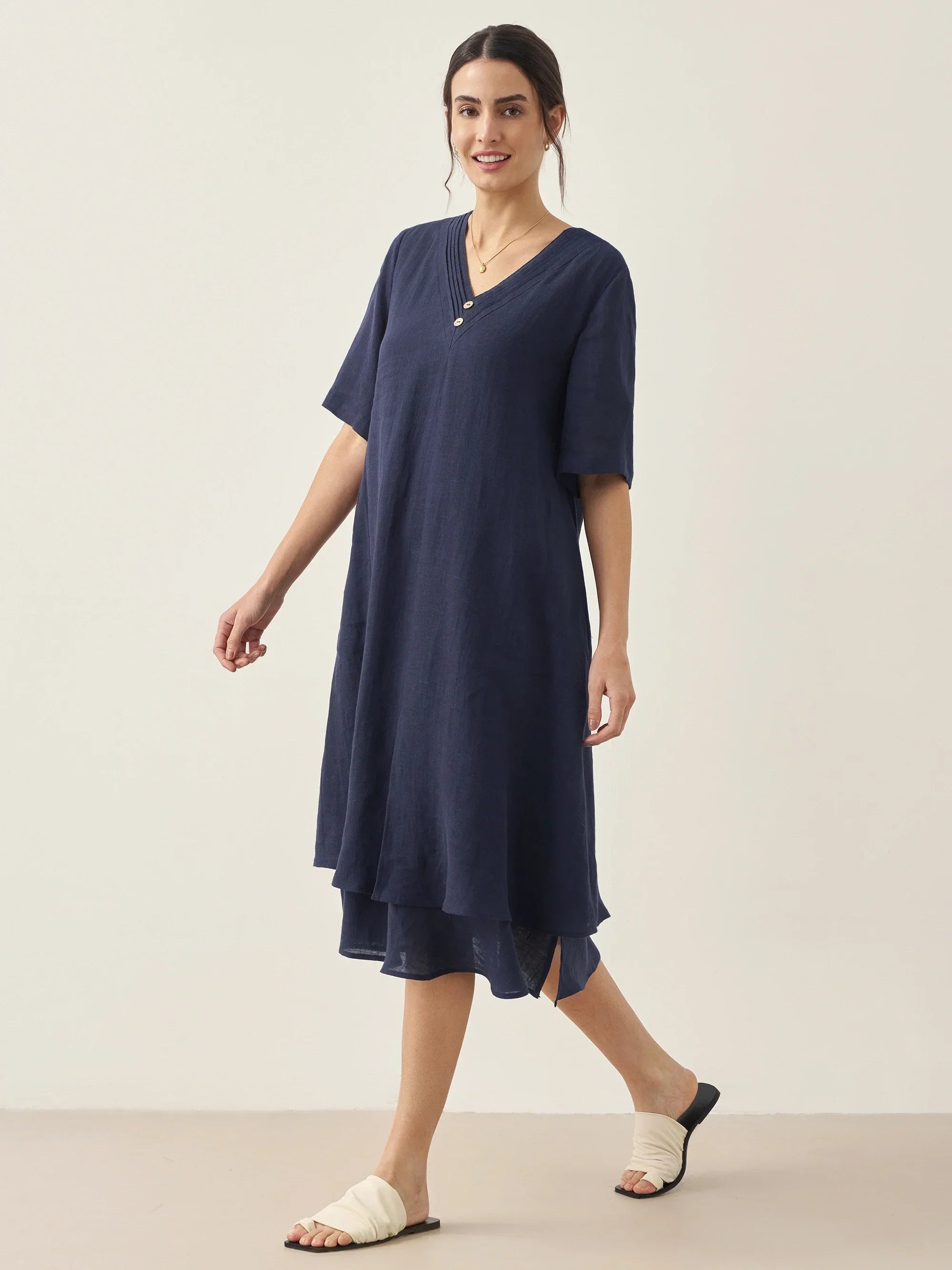 100% Linen V-Neck Double-Layer Midi Dress JAYDA - DRESSES-Linen
