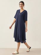 100% Linen V-Neck Double-Layer Midi Dress JAYDA - DRESSES-Linen