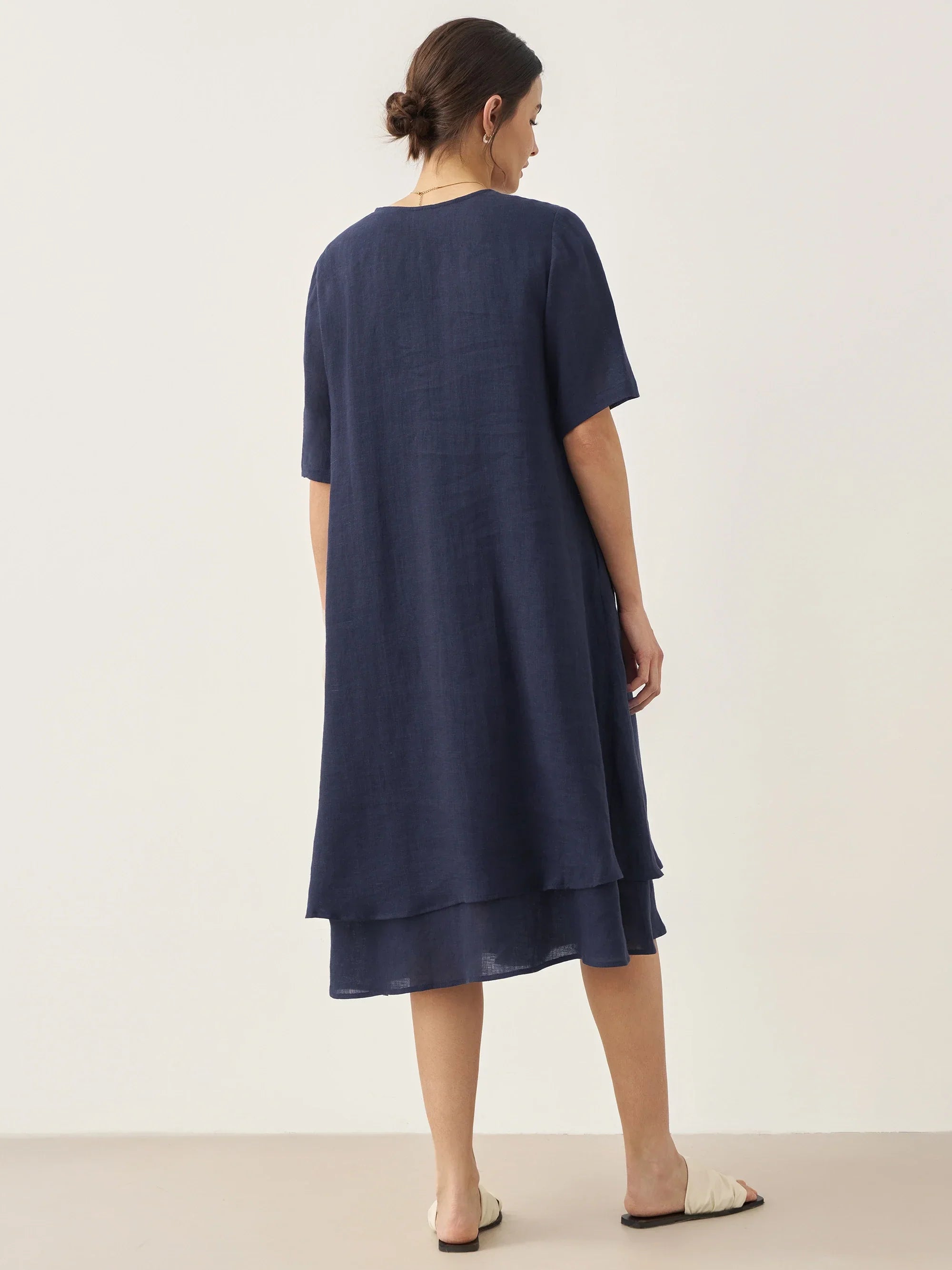100% Linen V-Neck Double-Layer Midi Dress JAYDA - DRESSES-Linen