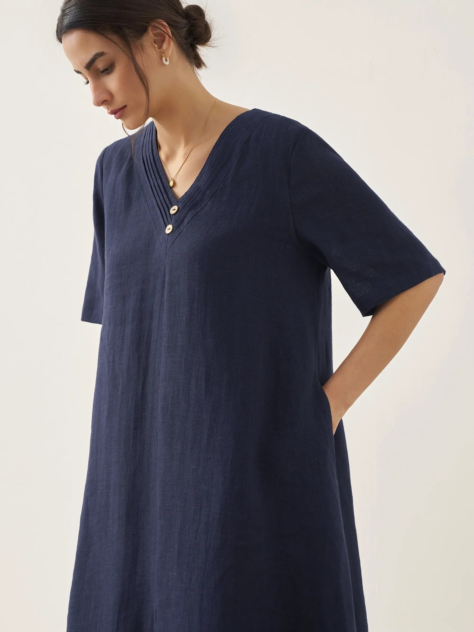 100% Linen V-Neck Double-Layer Midi Dress JAYDA - DRESSES-Linen
