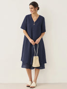 100% Linen V-Neck Double-Layer Midi Dress JAYDA - DRESSES-Linen