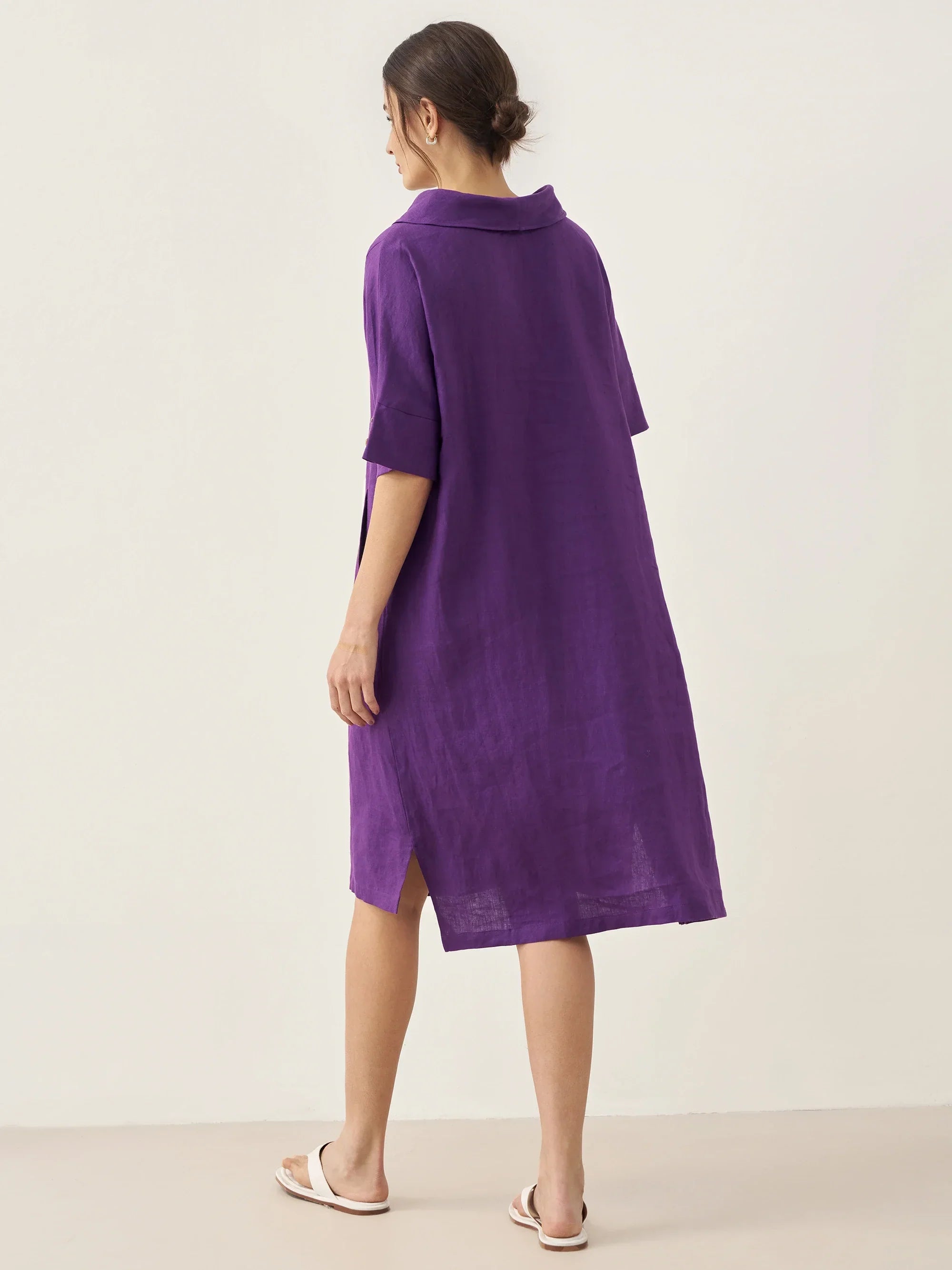 100% Linen V-Neck Pullover Midi Dress - DRESSES-Linen