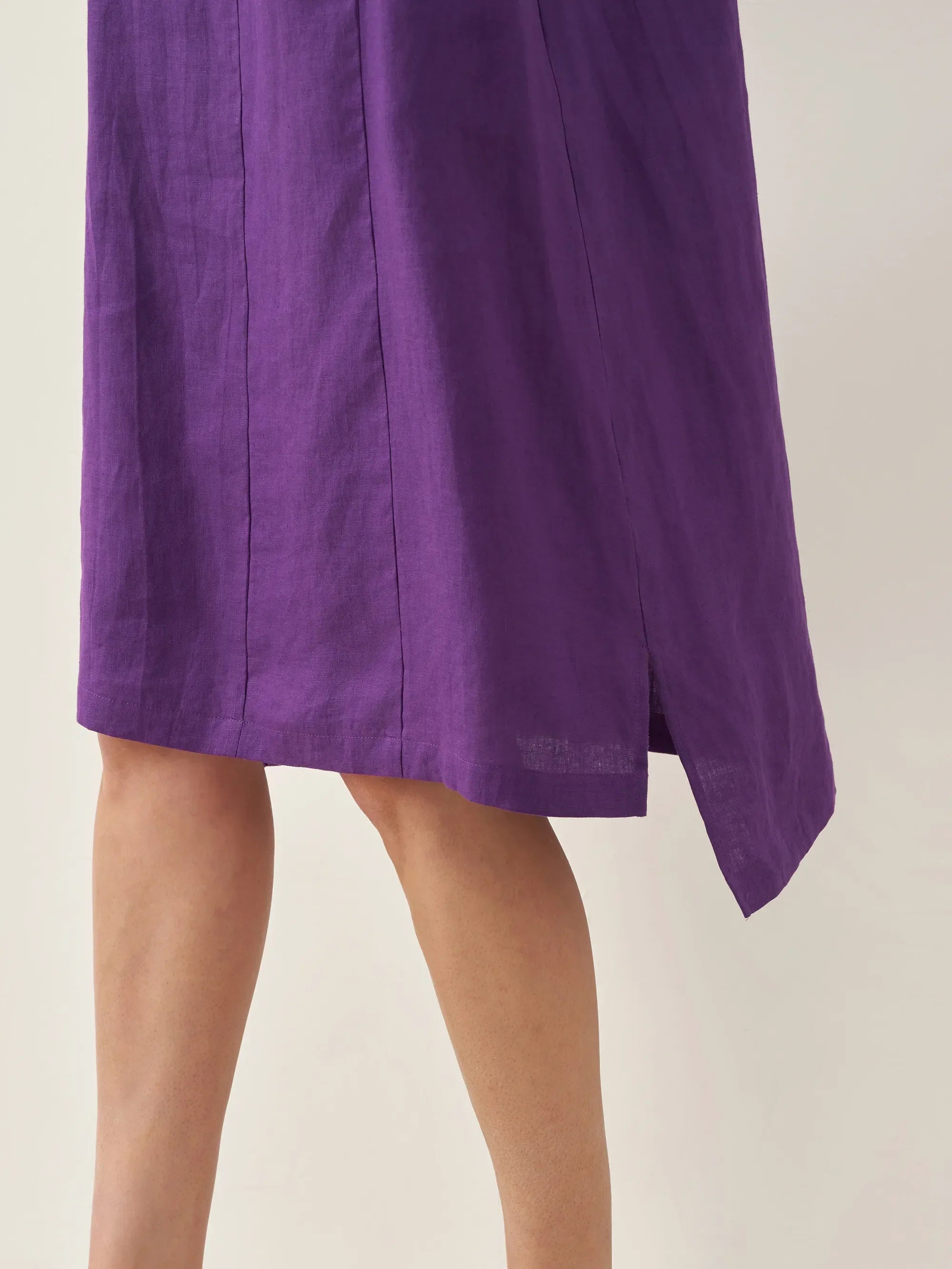 100% Linen V-Neck Pullover Midi Dress - DRESSES-Linen