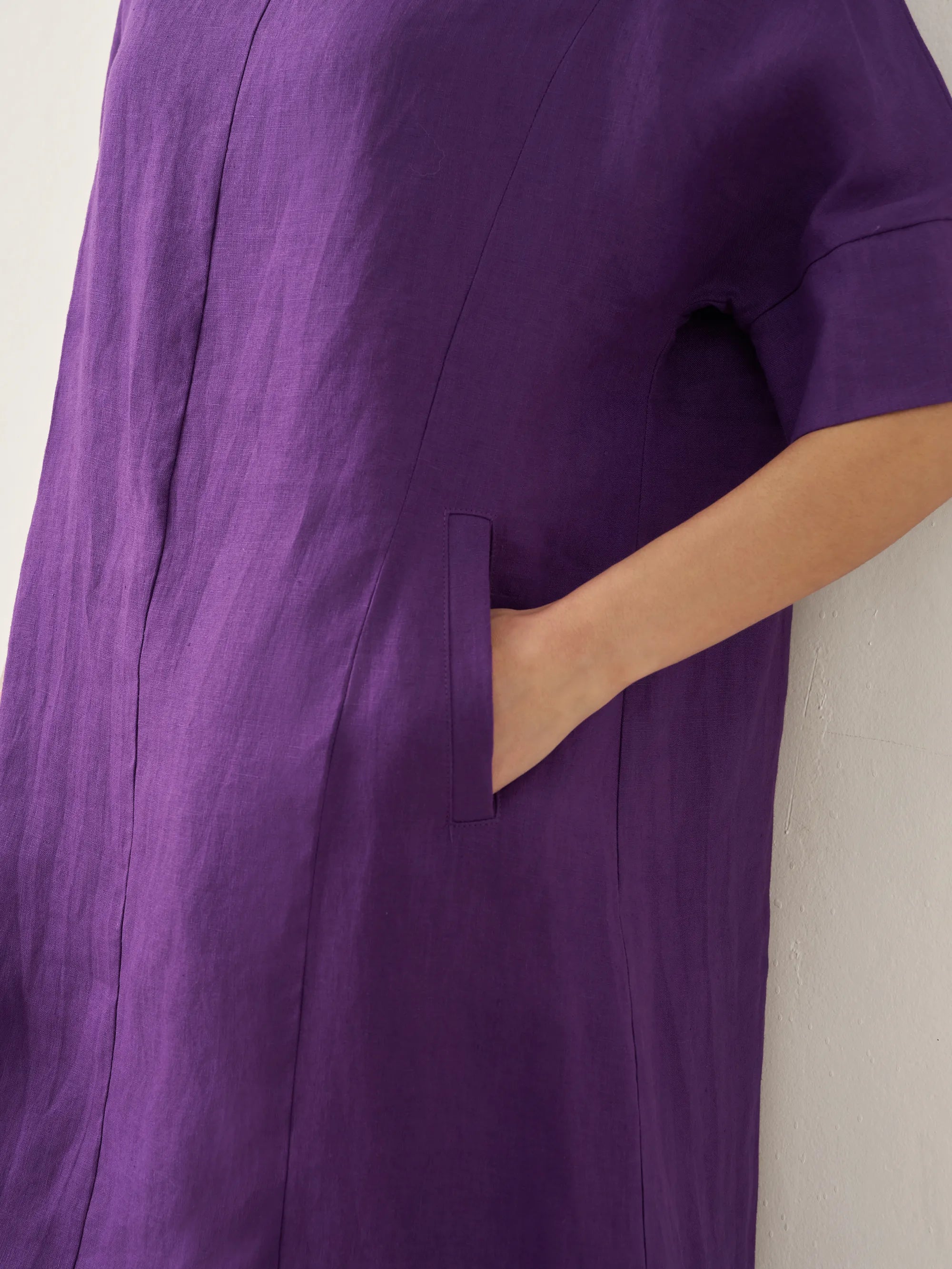 100% Linen V-Neck Pullover Midi Dress - DRESSES-Linen