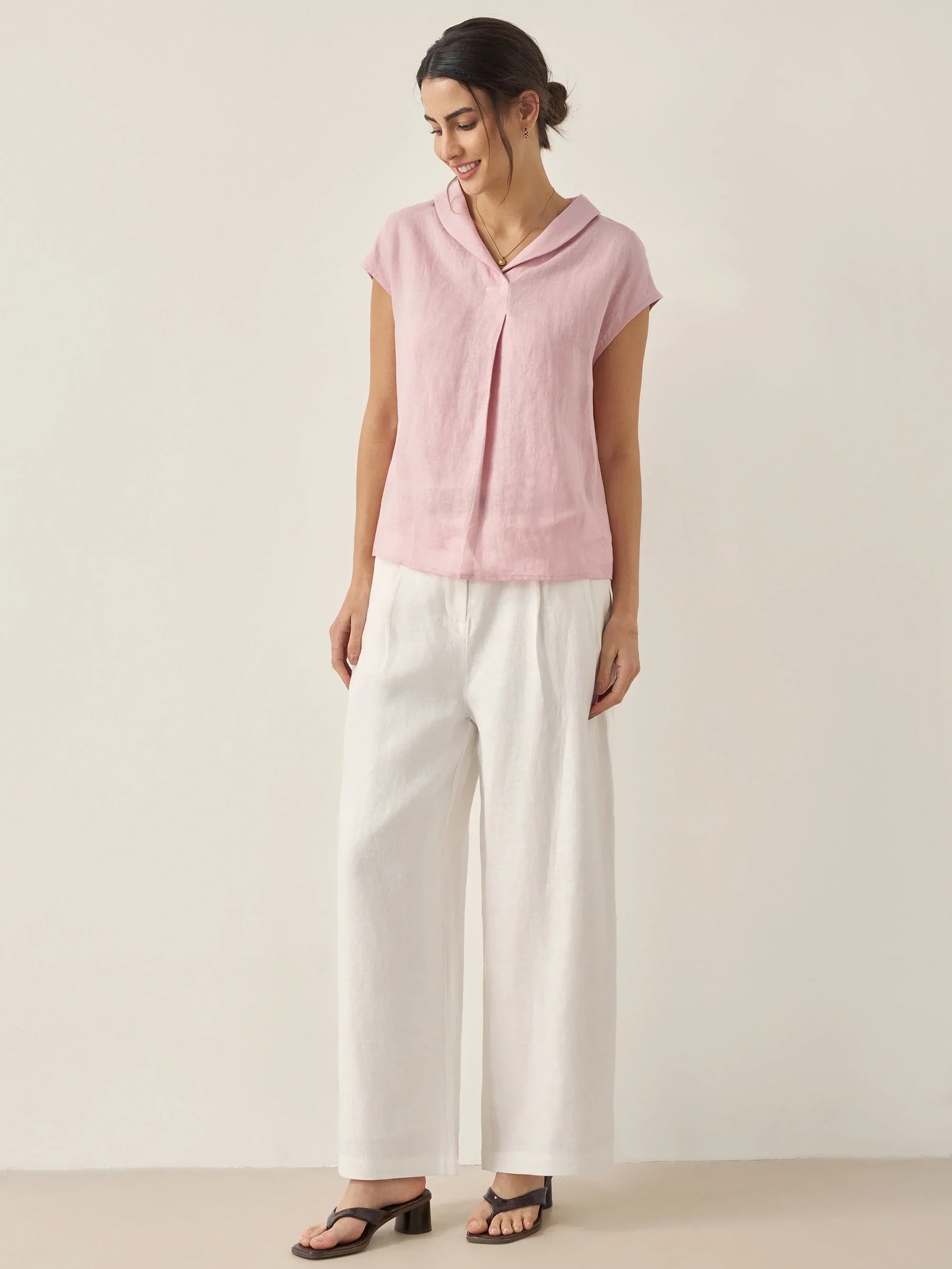 100% Linen Shawl V-Neck Cap Sleeves Top ELARA - TOPS-Linen Blouses