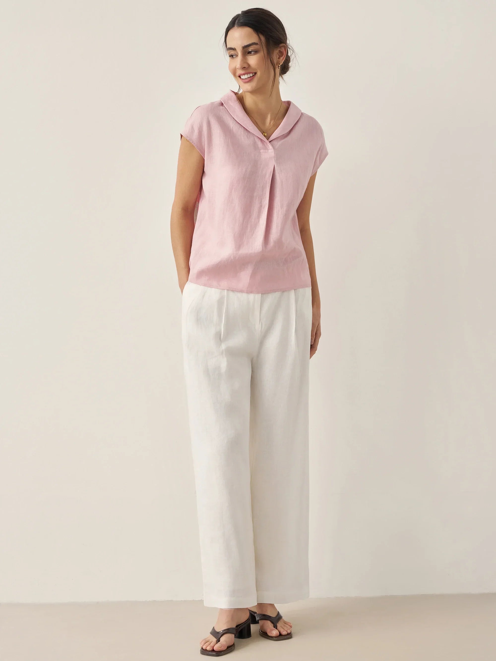 100% Linen Shawl V-Neck Cap Sleeves Top ELARA - TOPS-Linen Blouses