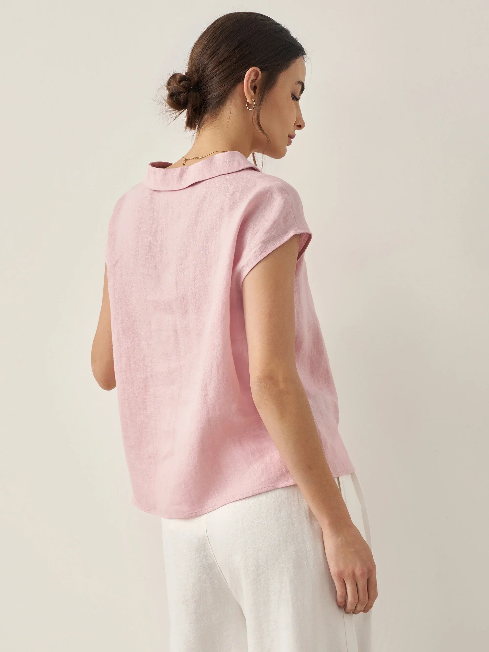 100% Linen Shawl V-Neck Cap Sleeves Top ELARA - TOPS-Linen Blouses