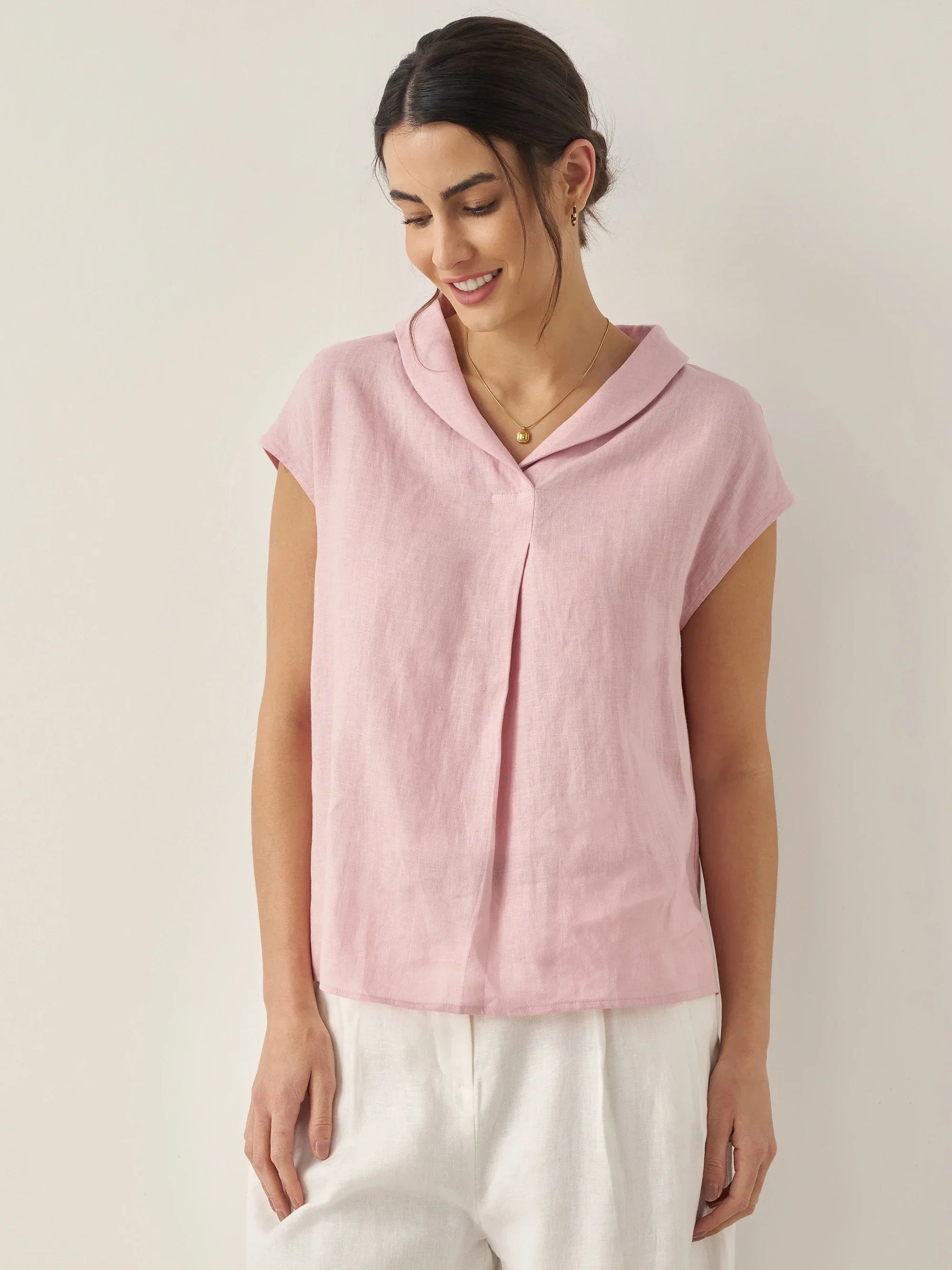 100% Linen Shawl V-Neck Cap Sleeves Top ELARA - Rosa / S - TOPS-Linen Blouses