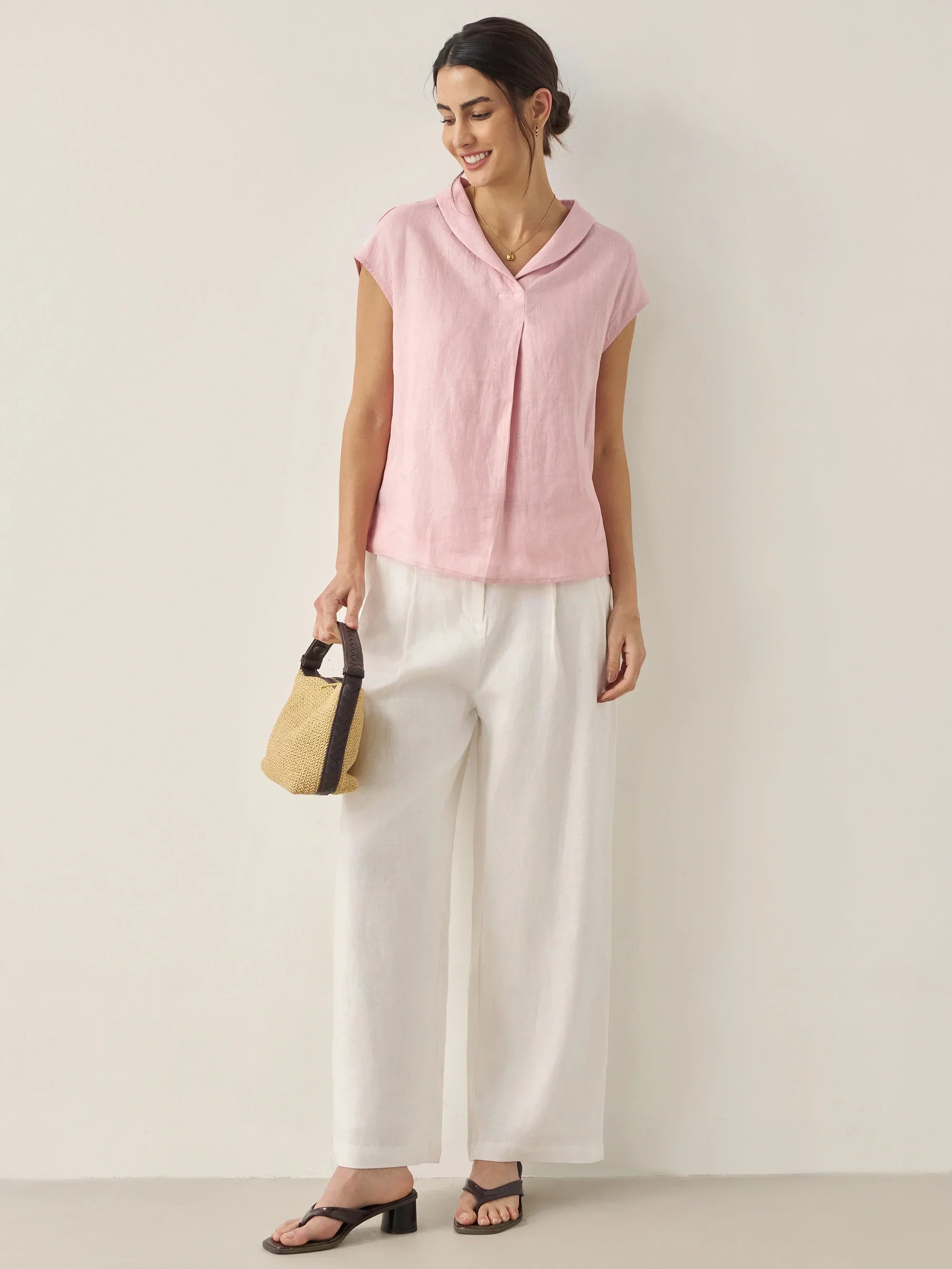 100% Linen Shawl V-Neck Cap Sleeves Top ELARA - TOPS-Linen Blouses