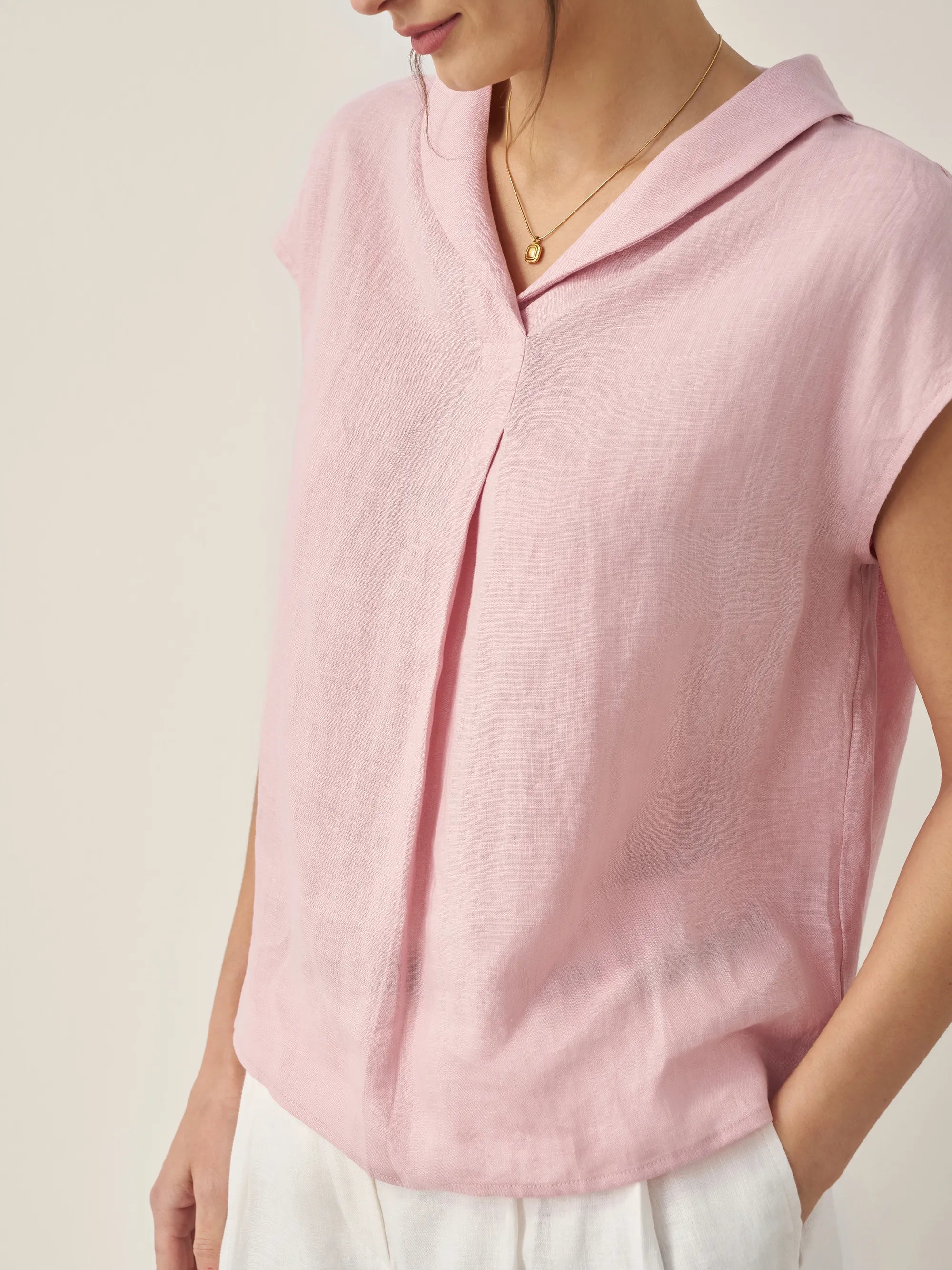 100% Linen Shawl V-Neck Cap Sleeves Top ELARA - TOPS-Linen Blouses