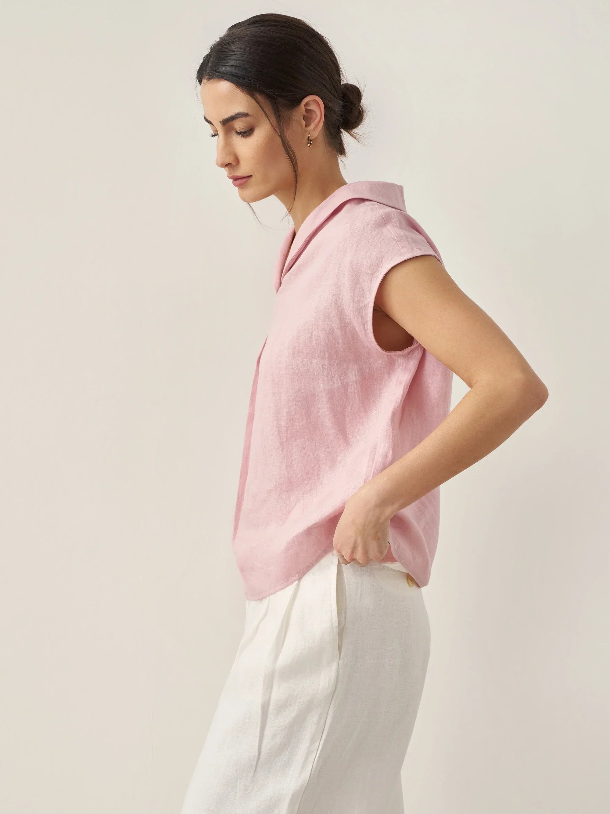 100% Linen Shawl V-Neck Cap Sleeves Top ELARA - TOPS-Linen Blouses