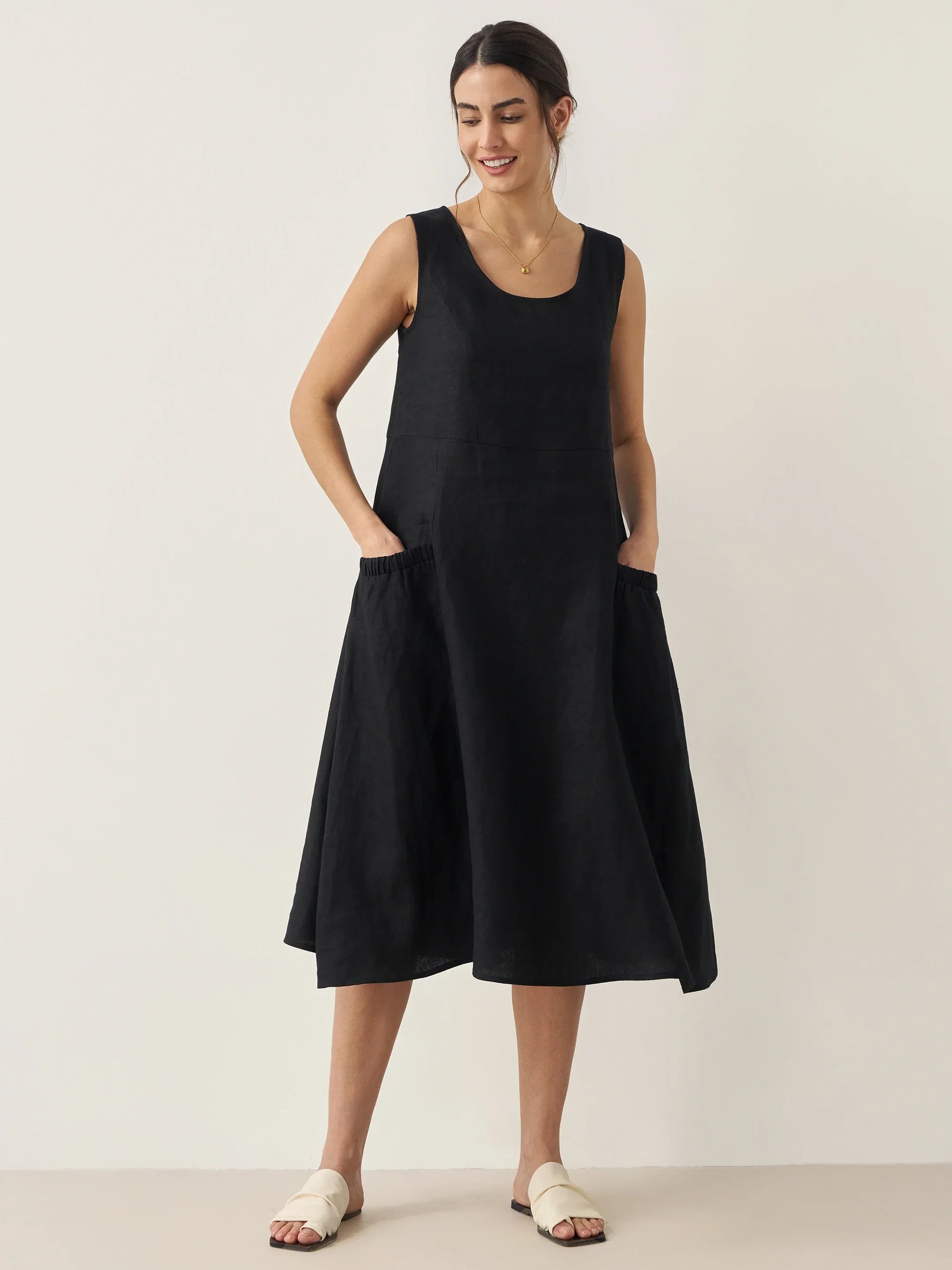 100% Linen Swing Beach Tank Dress GIANA - DRESSES-Linen Midi