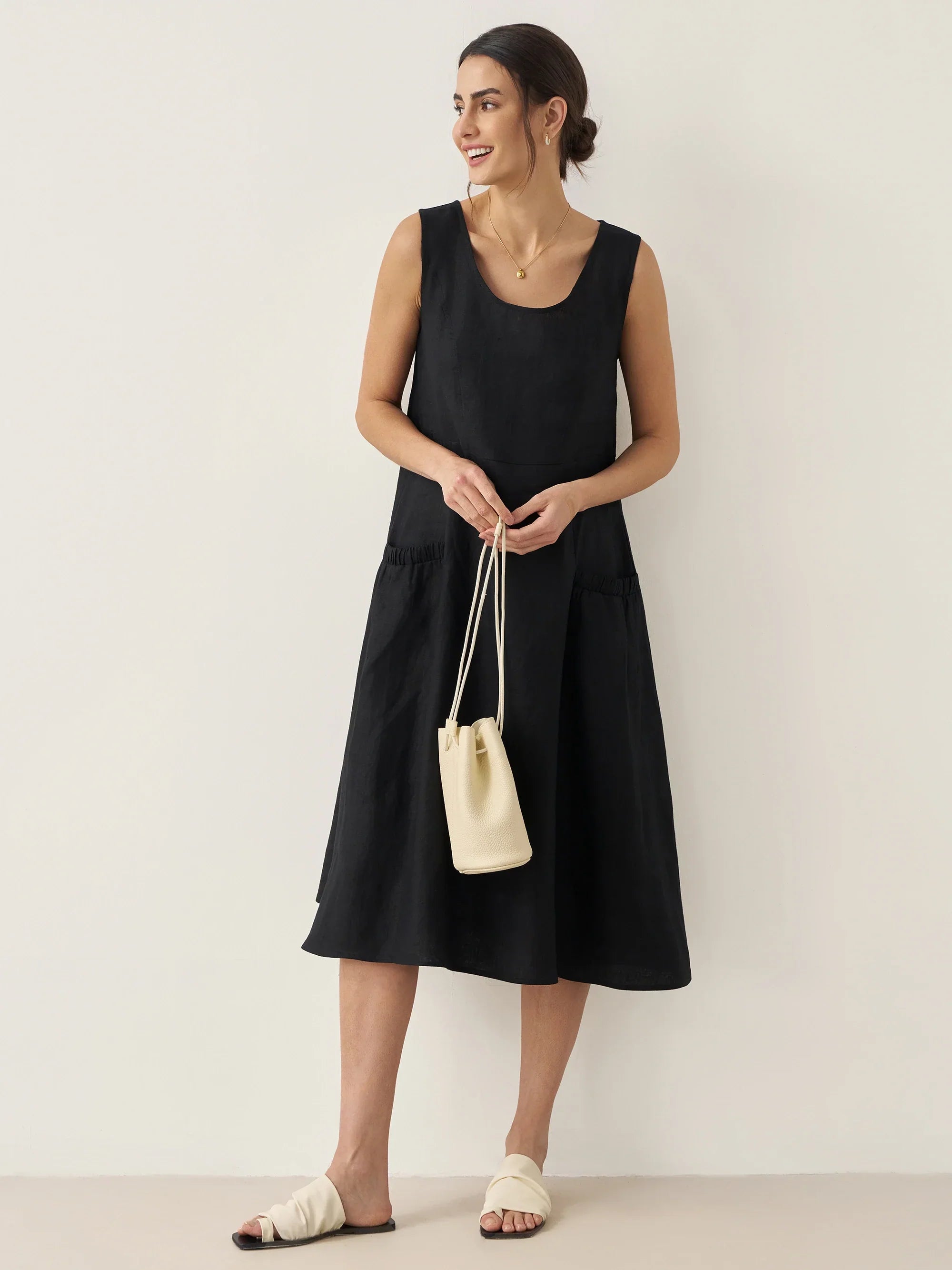 100% Linen Swing Beach Tank Dress GIANA - Charcoal Black / XS - DRESSES-Linen Midi