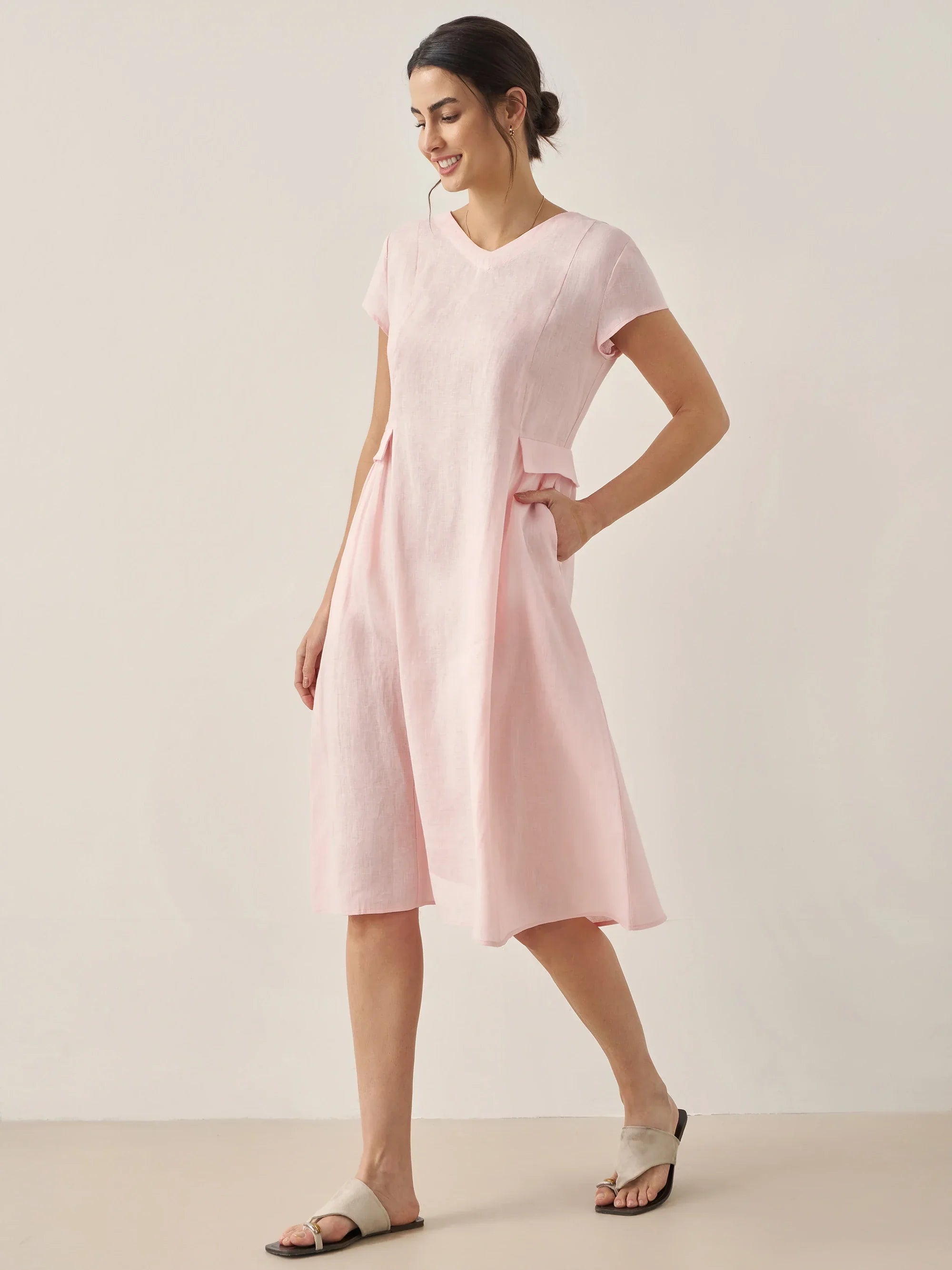 100% Linen Natural Summer V-Neck Dress - DRESSES-Linen Midi