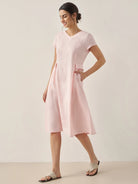 100% Linen Natural Summer V-Neck Dress - DRESSES-Linen Midi