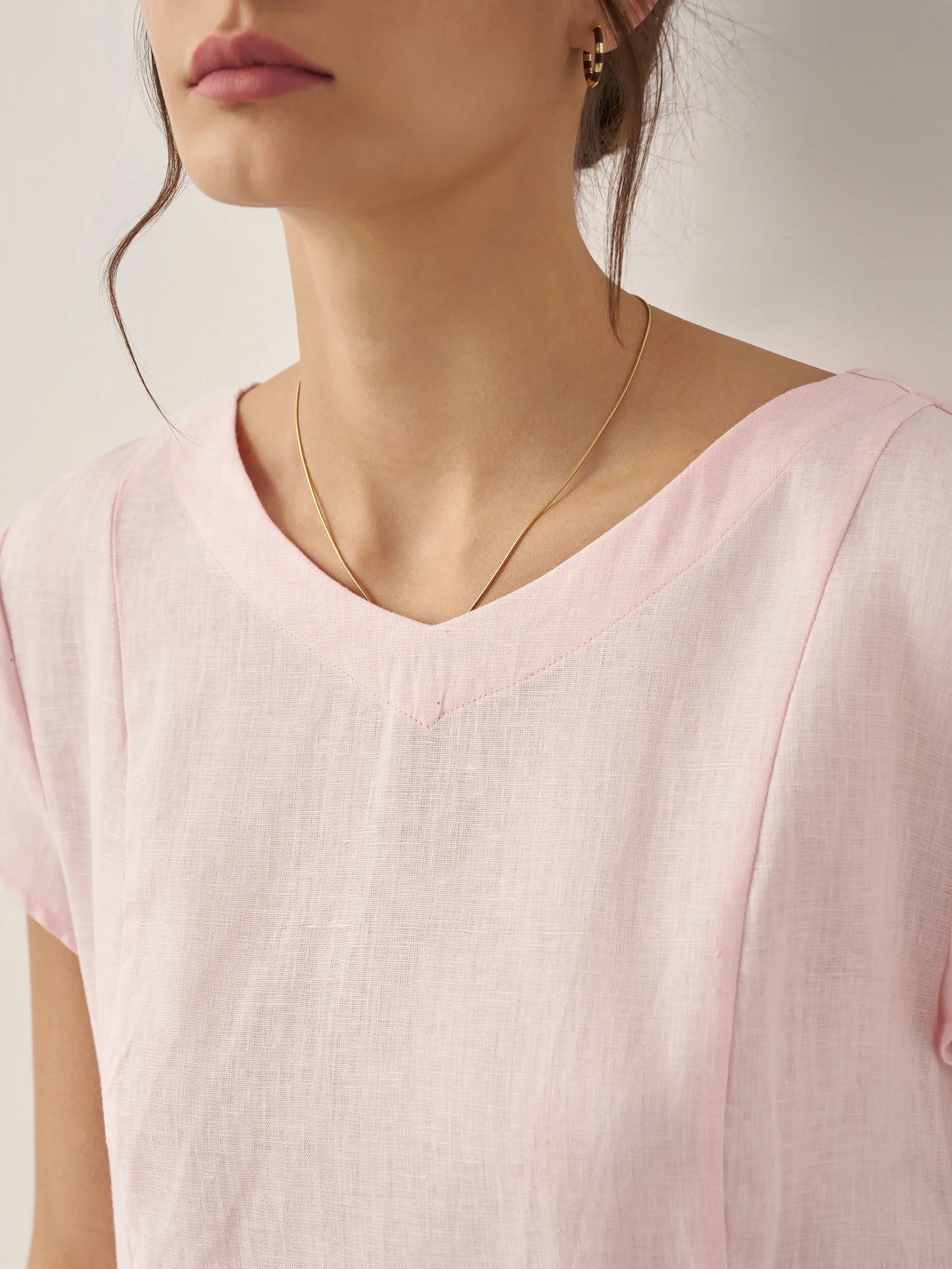 100% Linen Natural Summer V-Neck Dress - DRESSES-Linen Midi