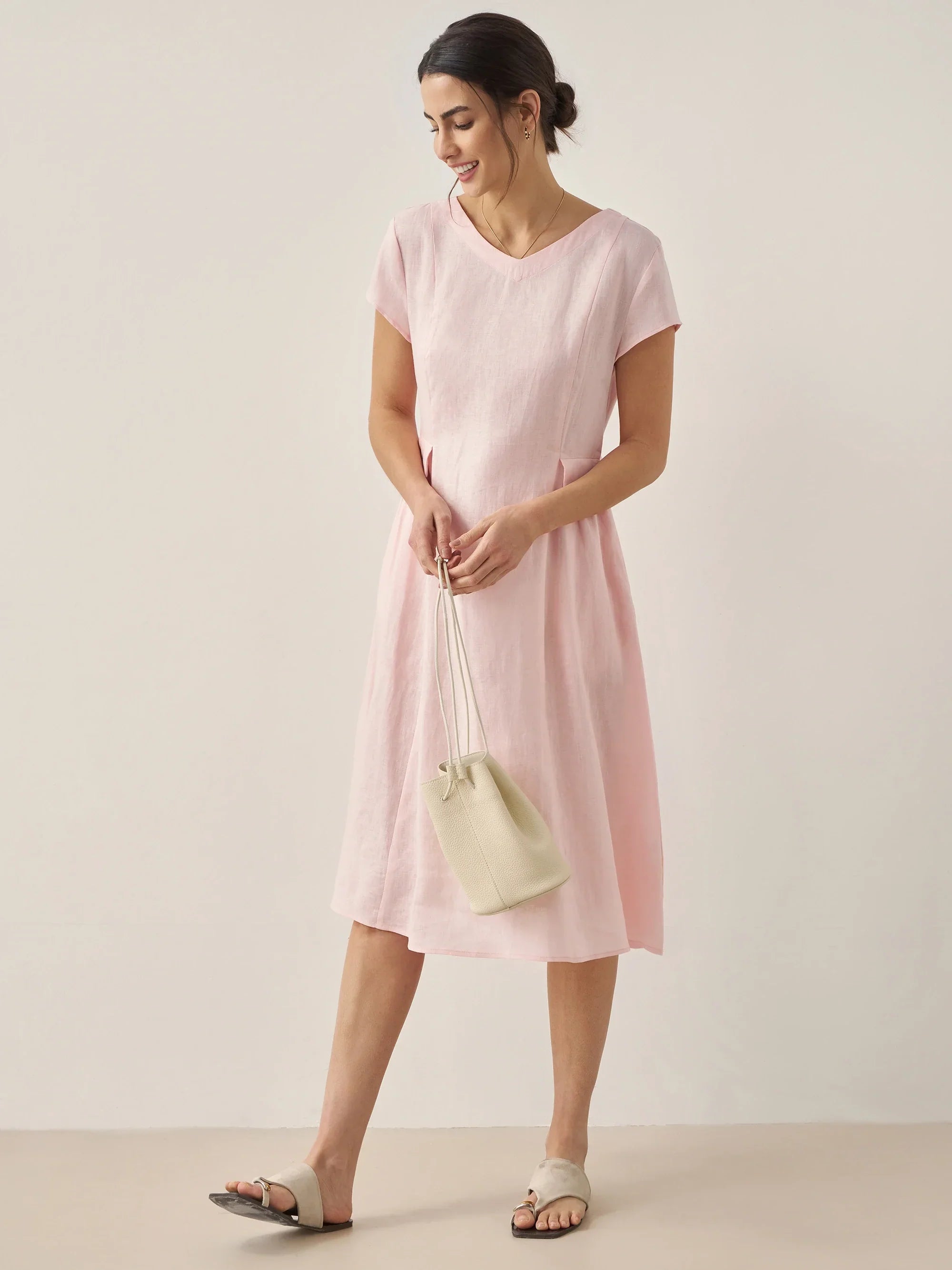 100% Linen Natural Summer V-Neck Dress - DRESSES-Linen Midi