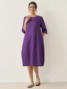 100% Linen Collarless Mid-Length Dress SOFIA - Dark Purple / S - DRESSES-Linen Midi
