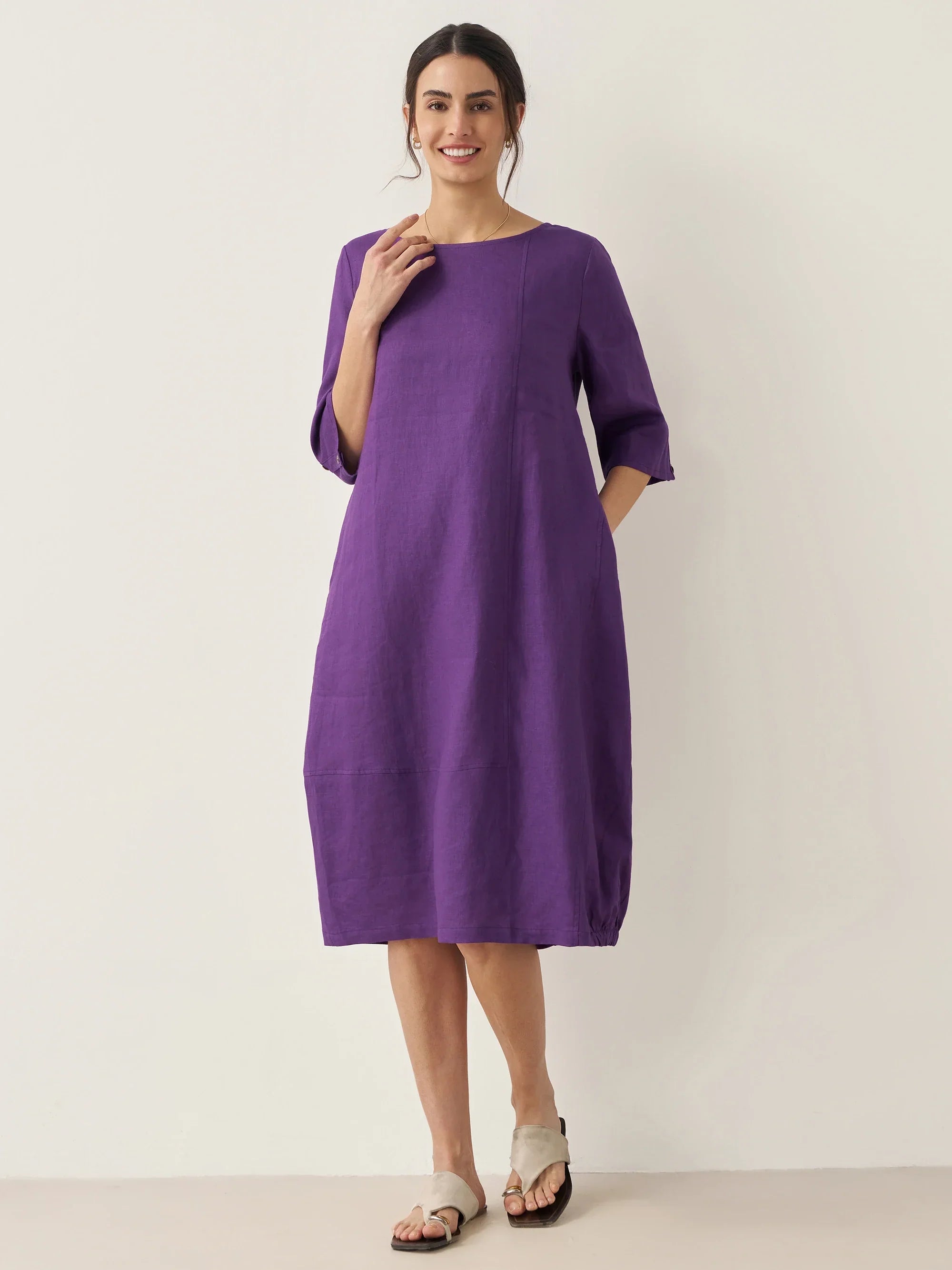 100% Linen Collarless Mid-Length Dress SOFIA - Dark Purple / S - DRESSES-Linen Midi