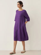 100% Linen Collarless Mid-Length Dress SOFIA - DRESSES-Linen Midi