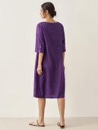 100% Linen Collarless Mid-Length Dress SOFIA - DRESSES-Linen Midi