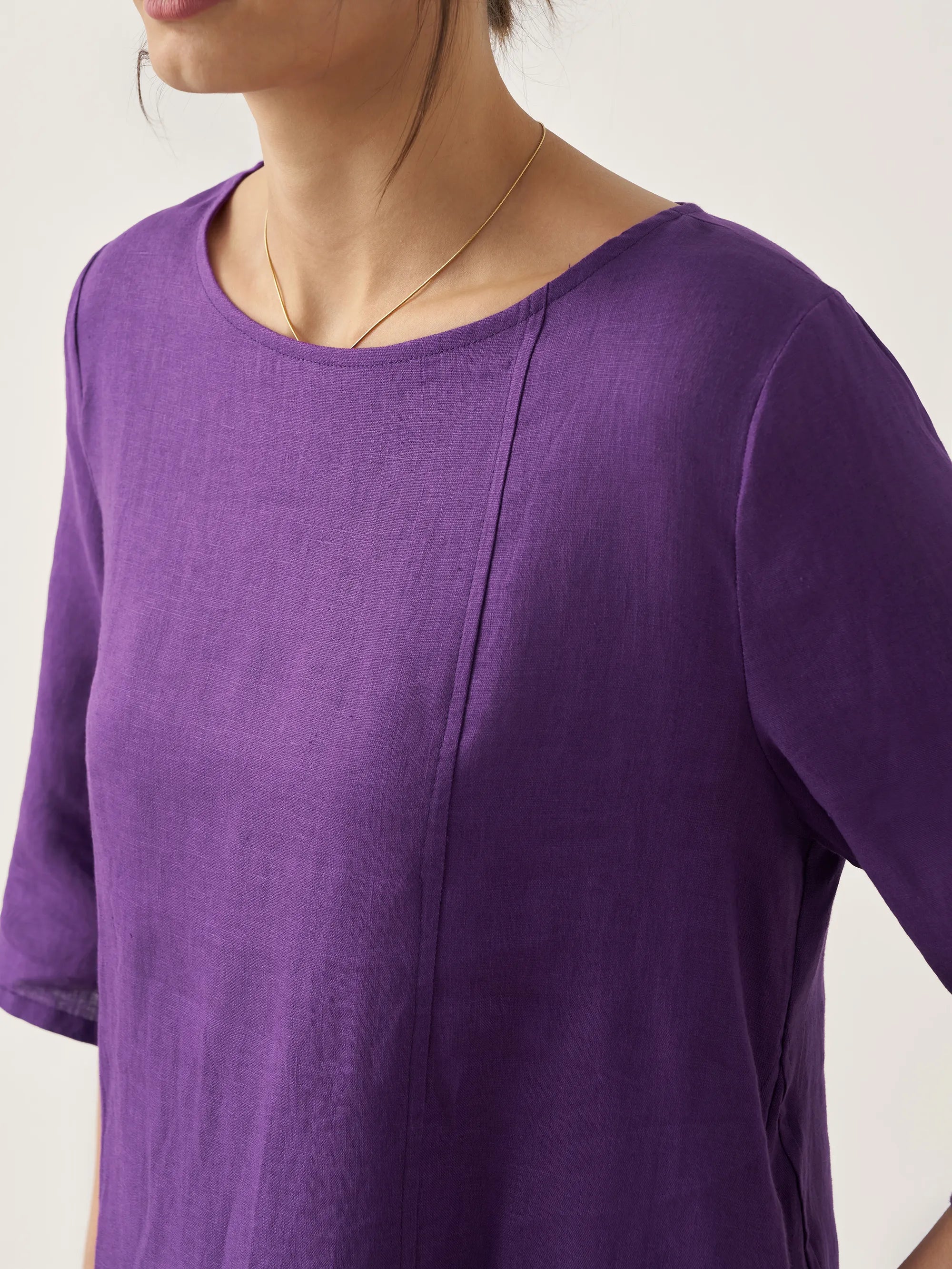 100% Linen Collarless Mid-Length Dress SOFIA - DRESSES-Linen Midi