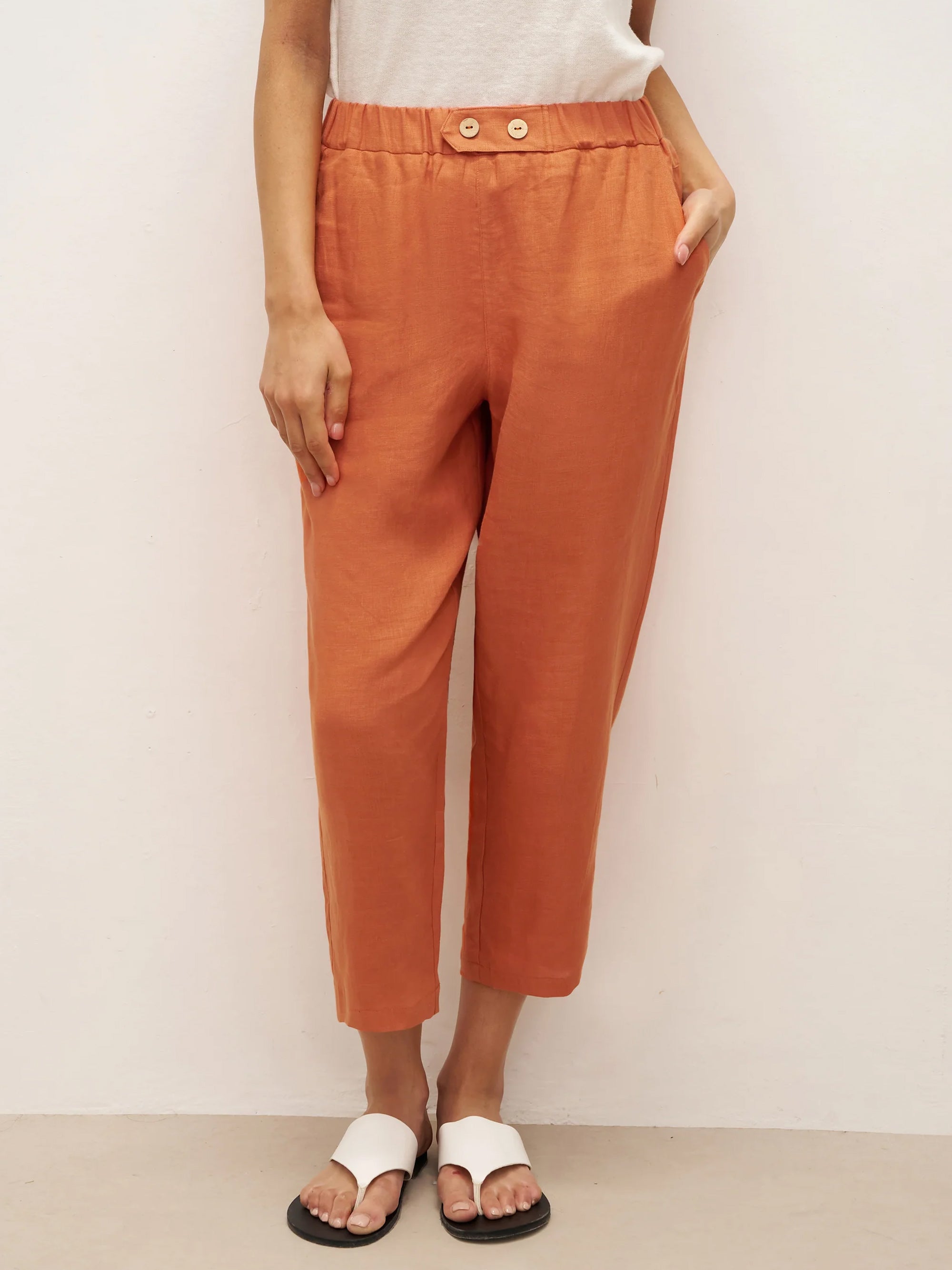 100% Linen Button Accents Tapered Pants DORALIE - Burnt Orange / S - BOTTOMS-Linen