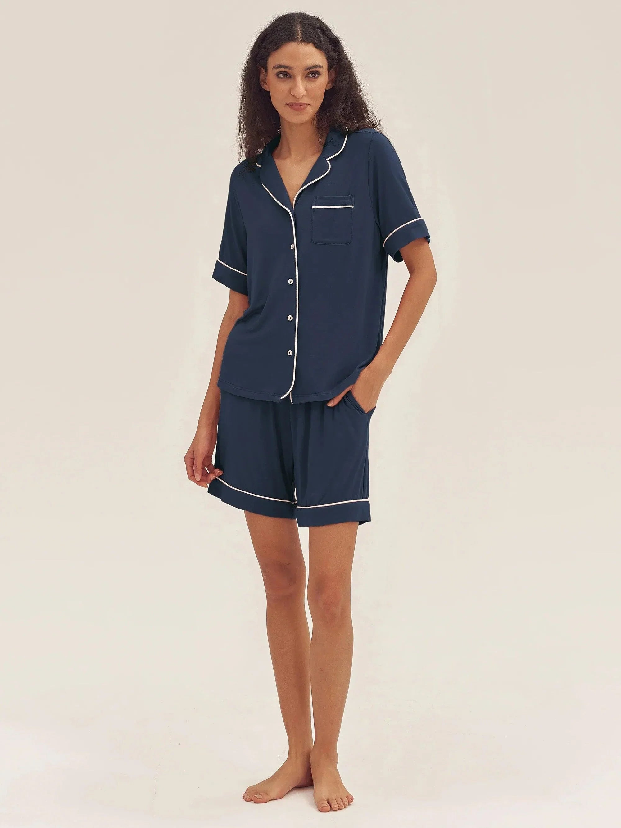 Short Sleeve Bamboo Pajama Set ODESSA - Navy Blue / Sets / S - LOUNGEWEAR-Bamboo PJS