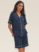 Short Sleeve Bamboo Pajama Set ODESSA - Navy Blue / Tops / S - LOUNGEWEAR-Bamboo PJS