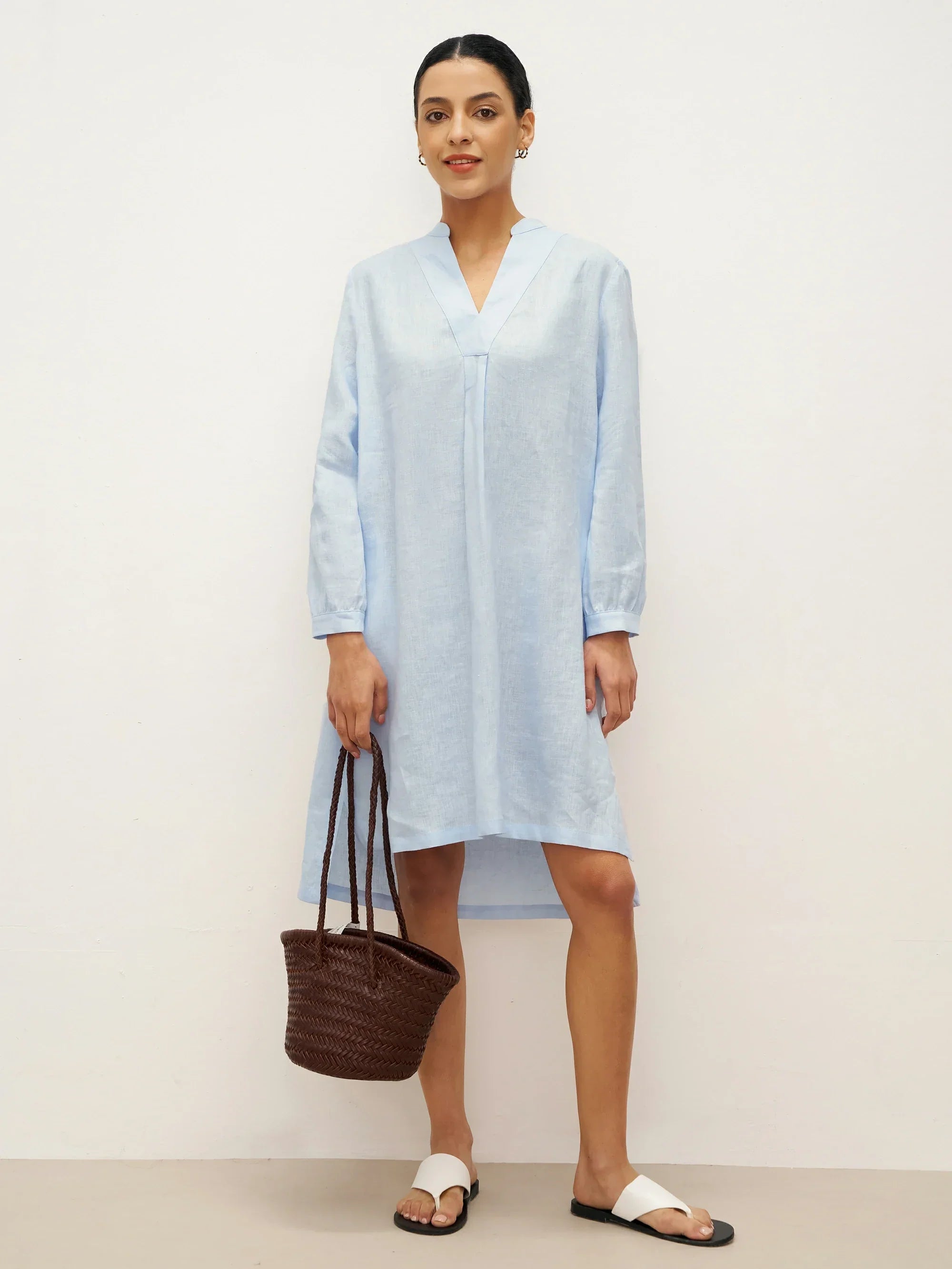 100% Linen V-Neck Pullover Shirt Dress JADEN - Ice Blue / S - DRESSES-Linen Mini