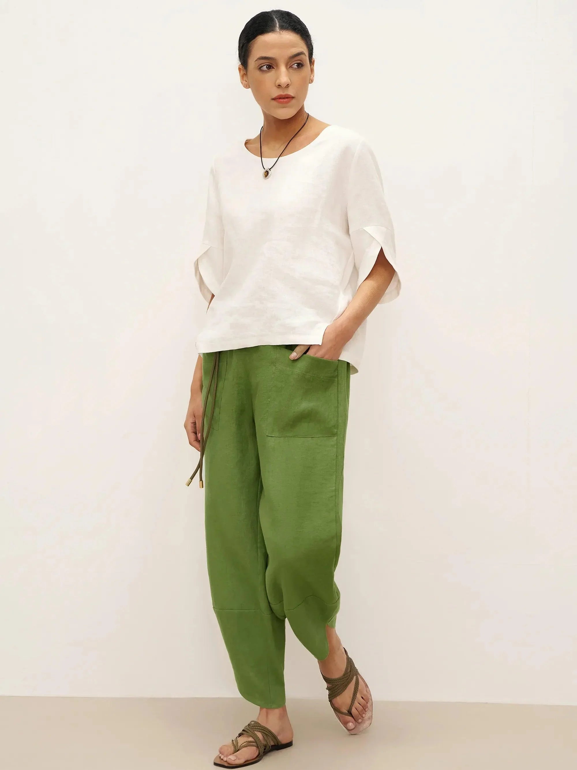 100% Linen Petal-Hem Trousers with Elastic Waist LIV - BOTTOMS-Linen Pants